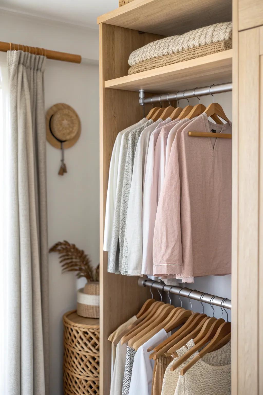 Double closet rods double your saree space—light ones below, heavier drapes up top.