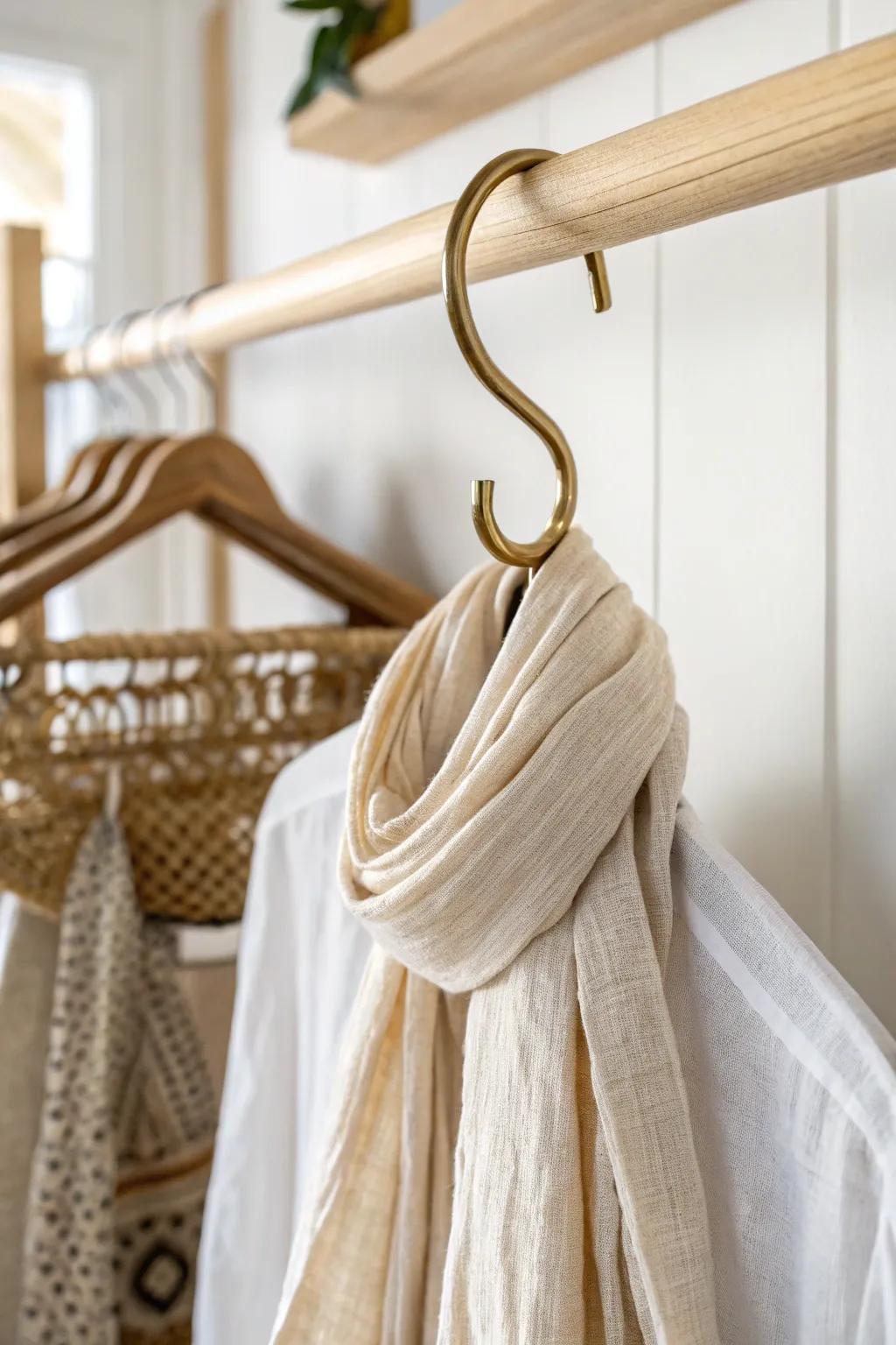 A simple S-hook on the closet rod turns one scarf into chic vertical storage—no hanger clutter.