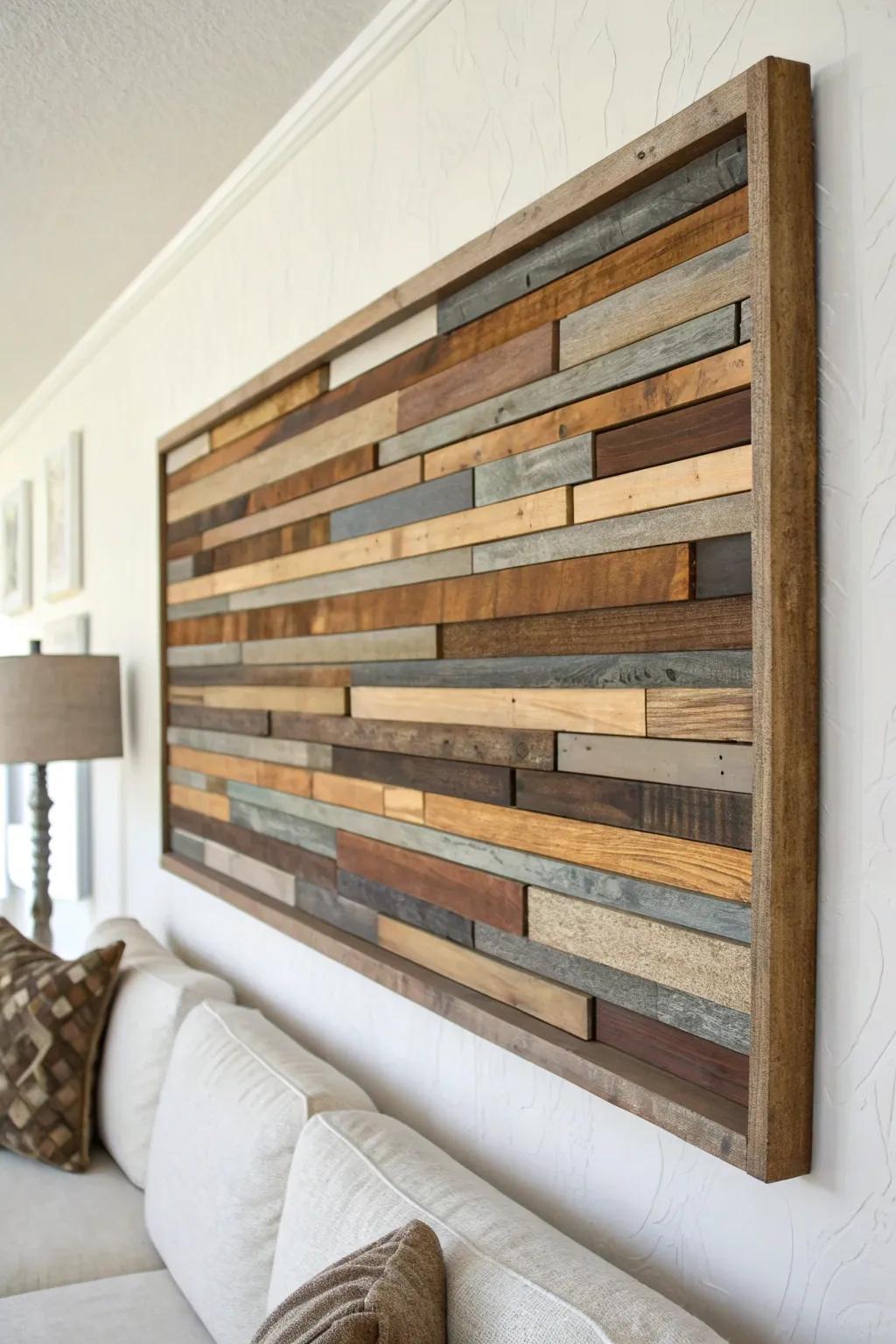 Abstract horizon strip art from scrap wood—calm, modern drama with beautiful natural texture.