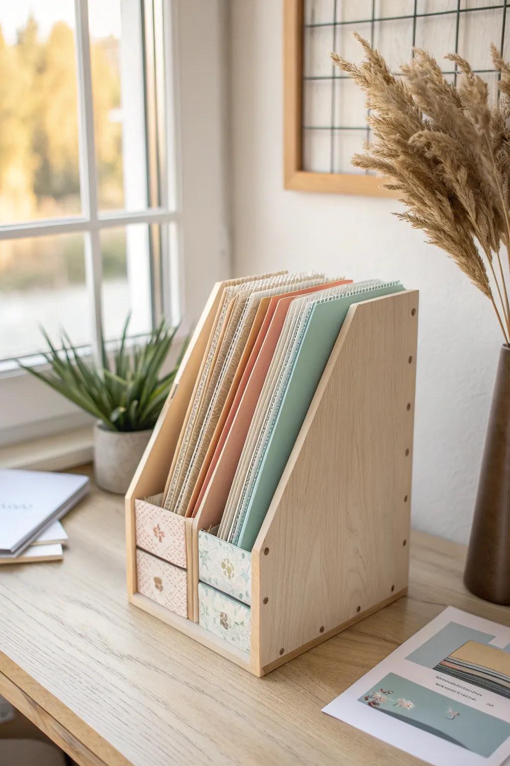 A vertical scrap-paper file by color keeps every pretty leftover easy to grab and use.