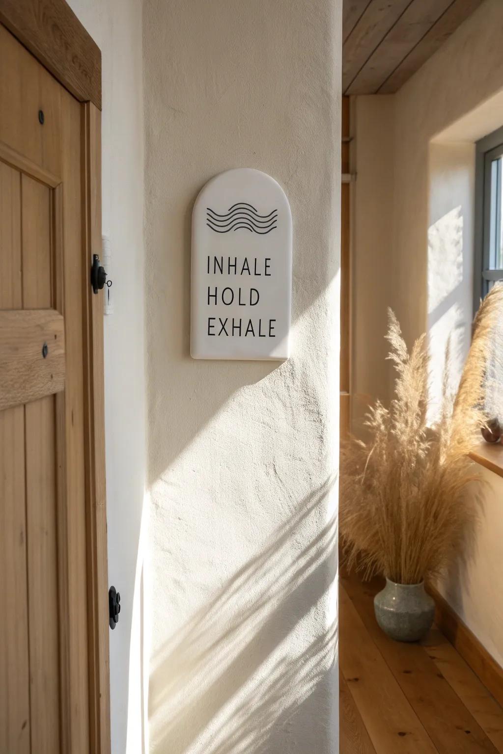 A single inhale–hold–exhale plaque creates a soothing pause point in even the tiniest hallway.