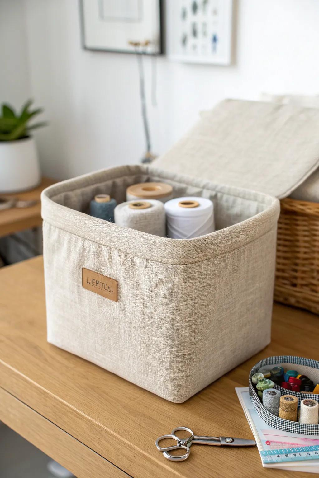 Uniform linen bins keep sewing notions calm, cohesive, and easy to spot in small spaces.