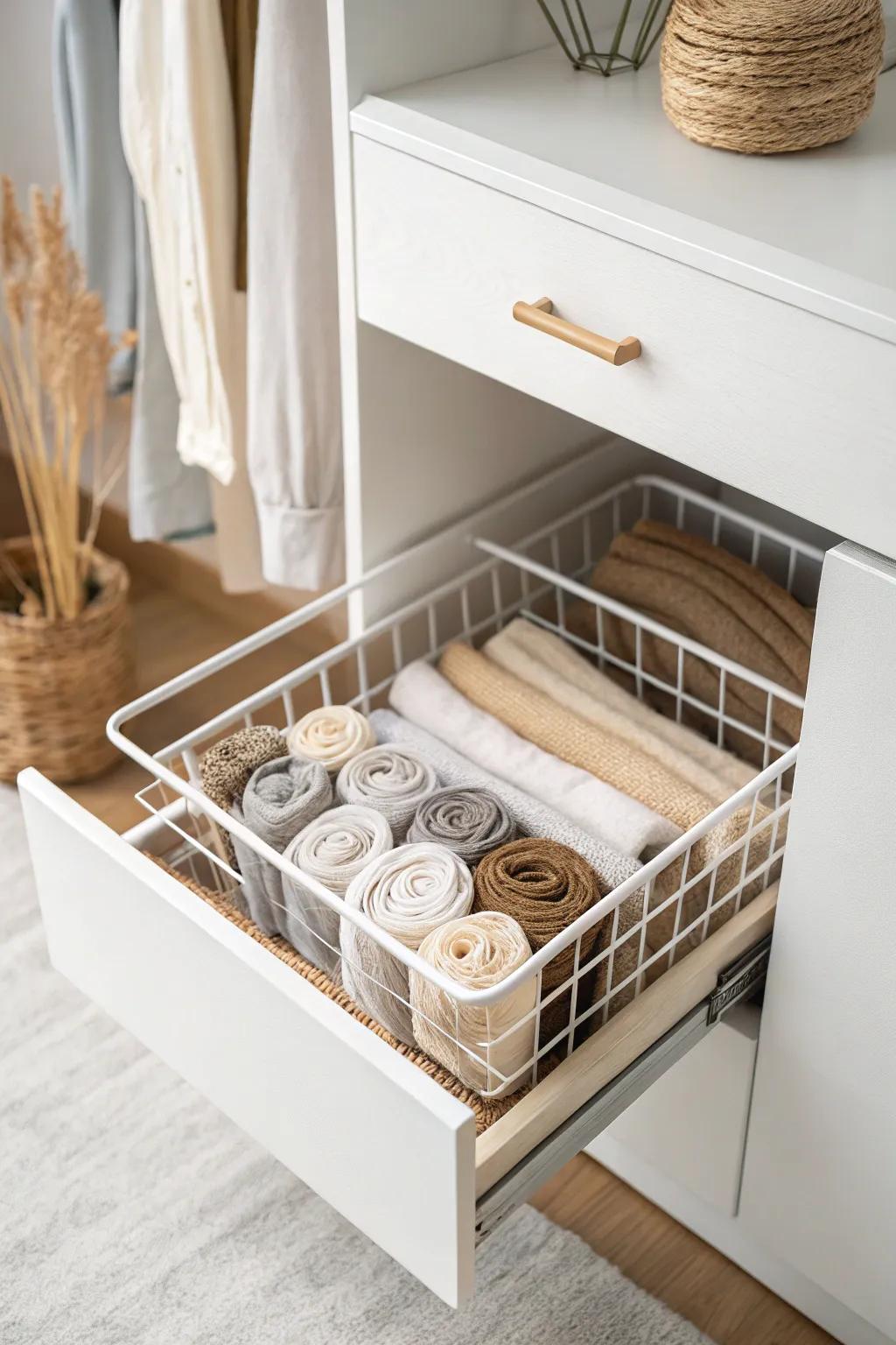 Pull-out wire baskets make shallow closets feel organized—perfect for tees, socks, and gym gear.
