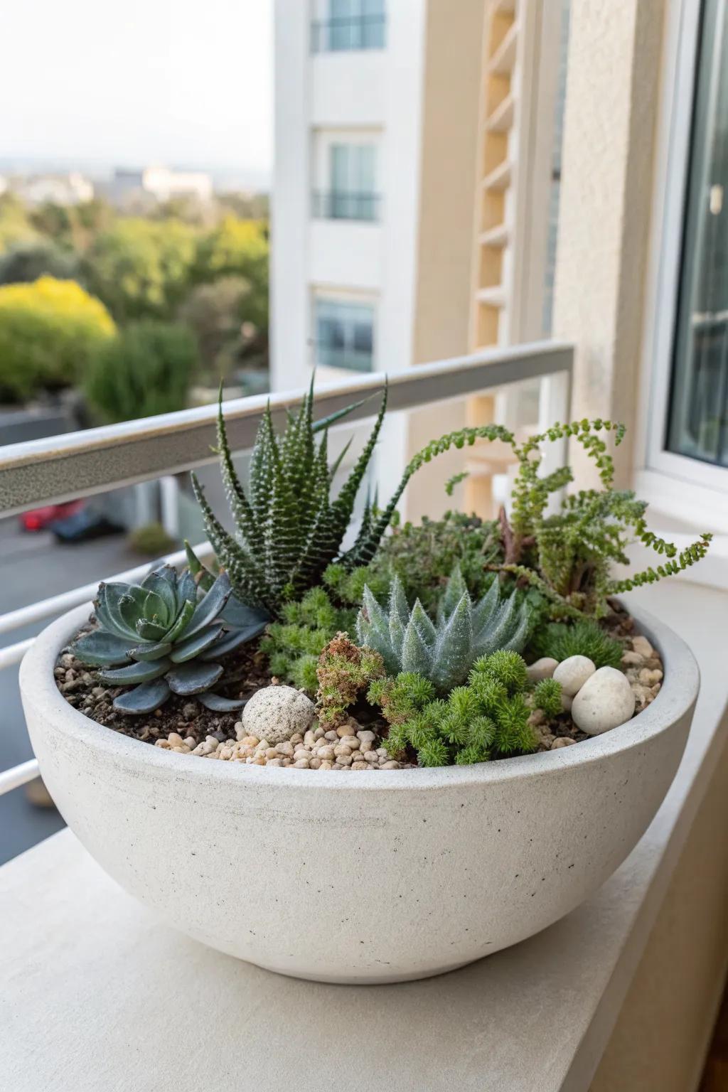 A shallow patio bowl that blends spiky succulents and soft mounds for effortless texture.