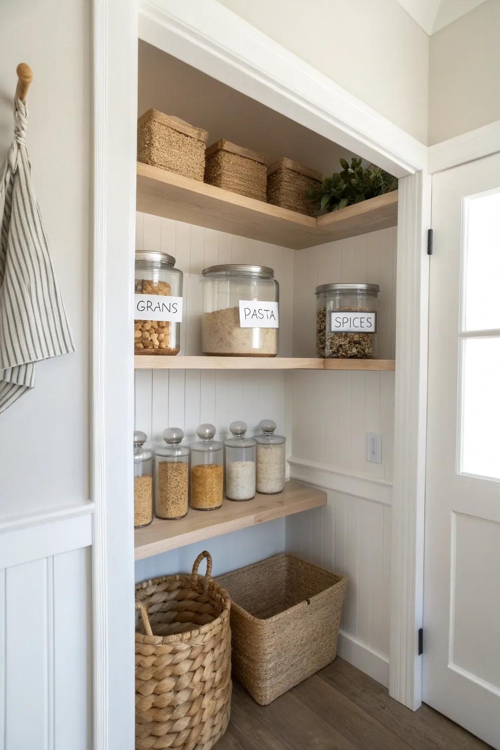 Turn a tiny hall closet into a shallow pantry—adjustable shelves keep every jar in view.