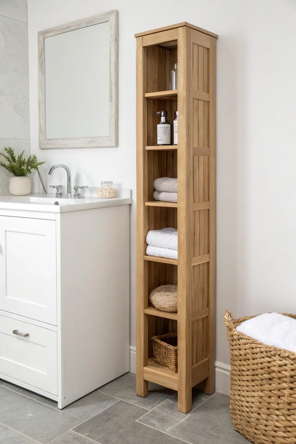 A slim vertical tower adds instant shared-bath storage—without crowding the vanity.