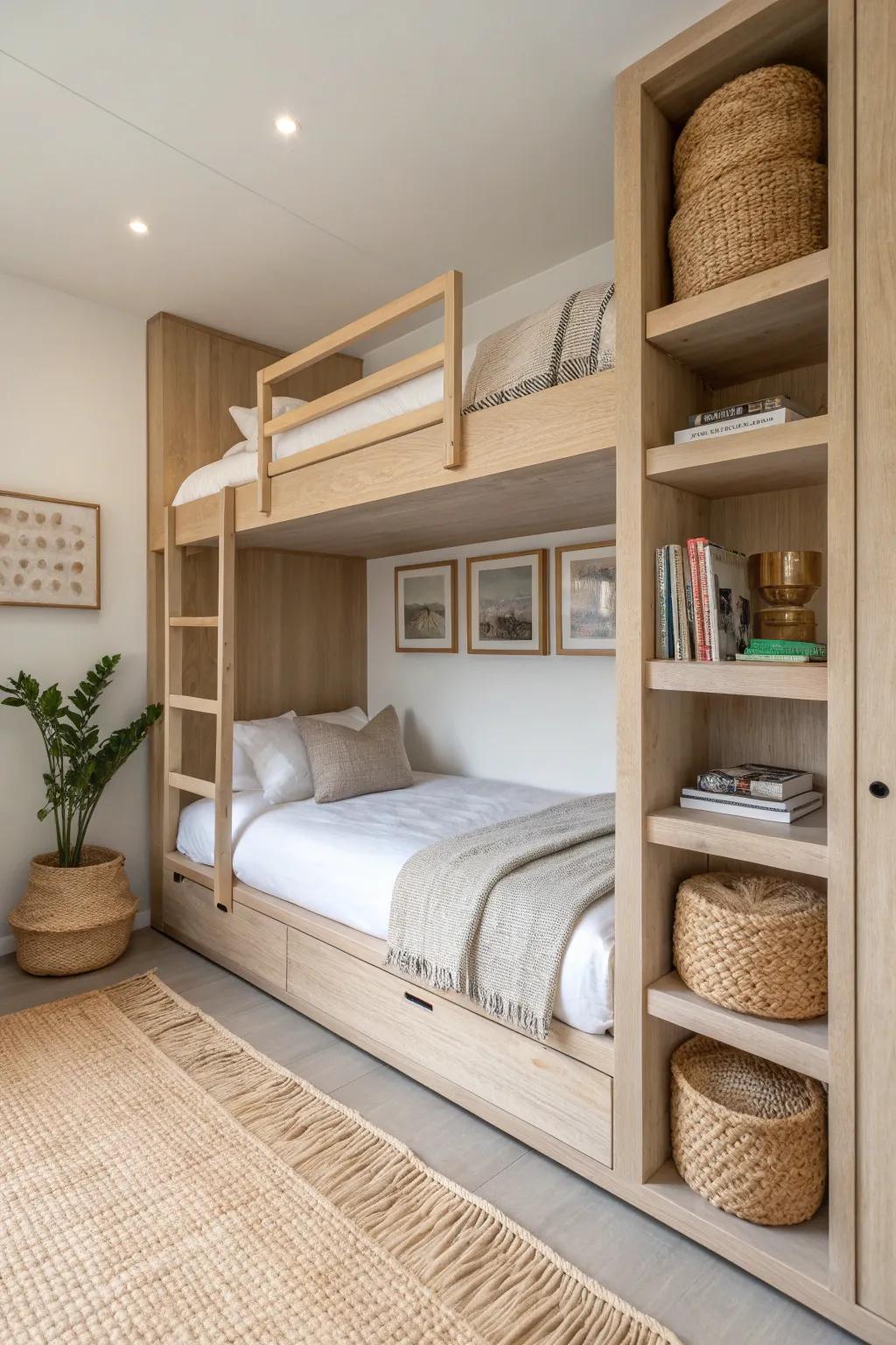 Built-in bunks with cozy cubby niches give each kid a tiny nook without crowding the room.