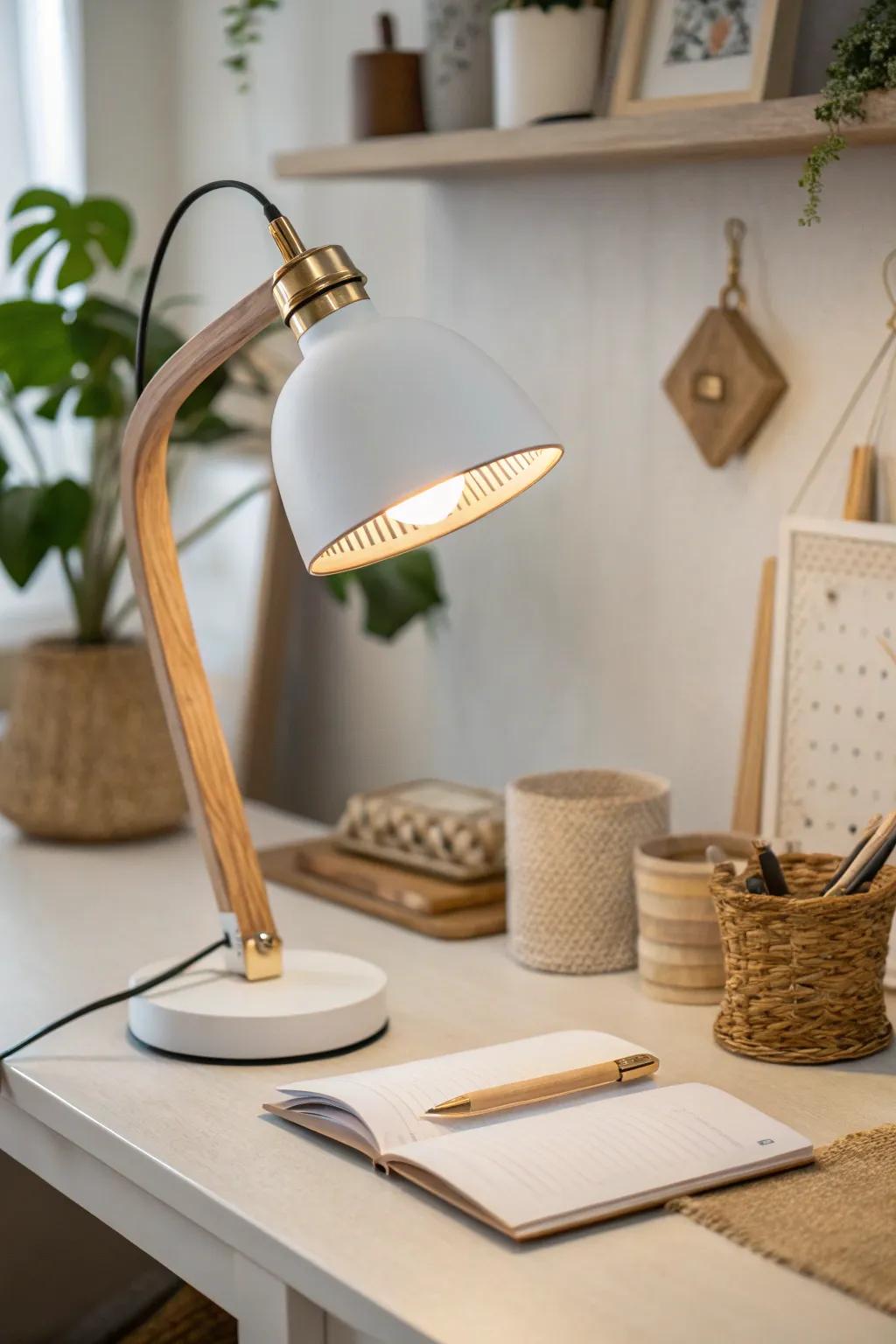 One focused task lamp + a warm ambient glow makes a shared office calm, cozy, and functional.