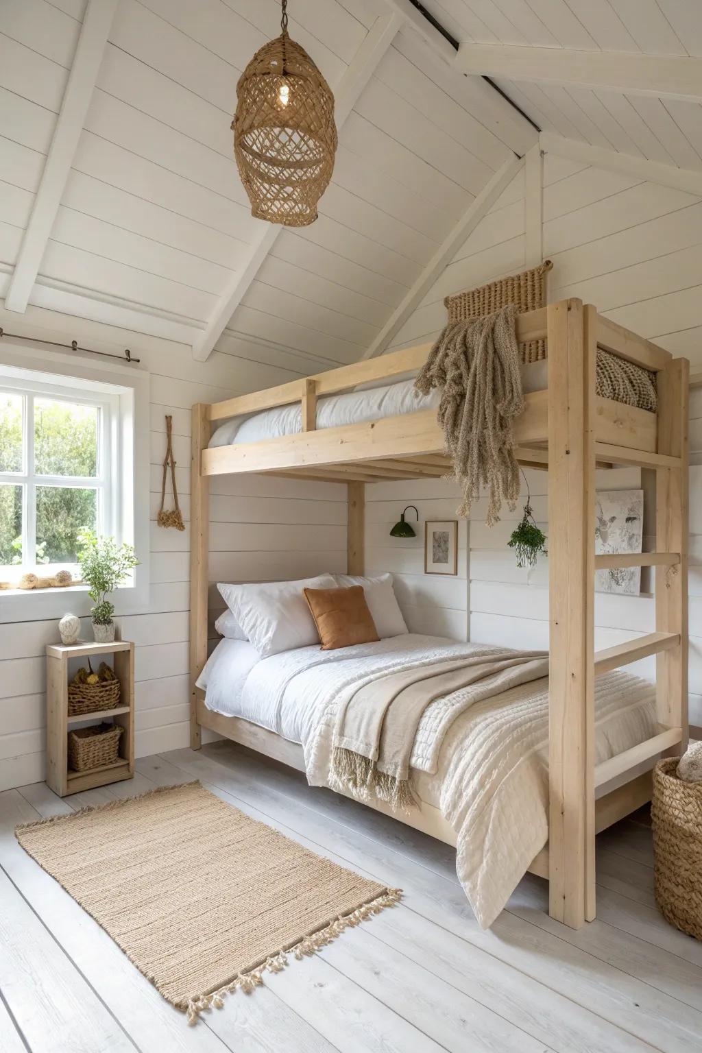 A loft bed lifts the sleep zone up—freeing precious shed floor space for living.