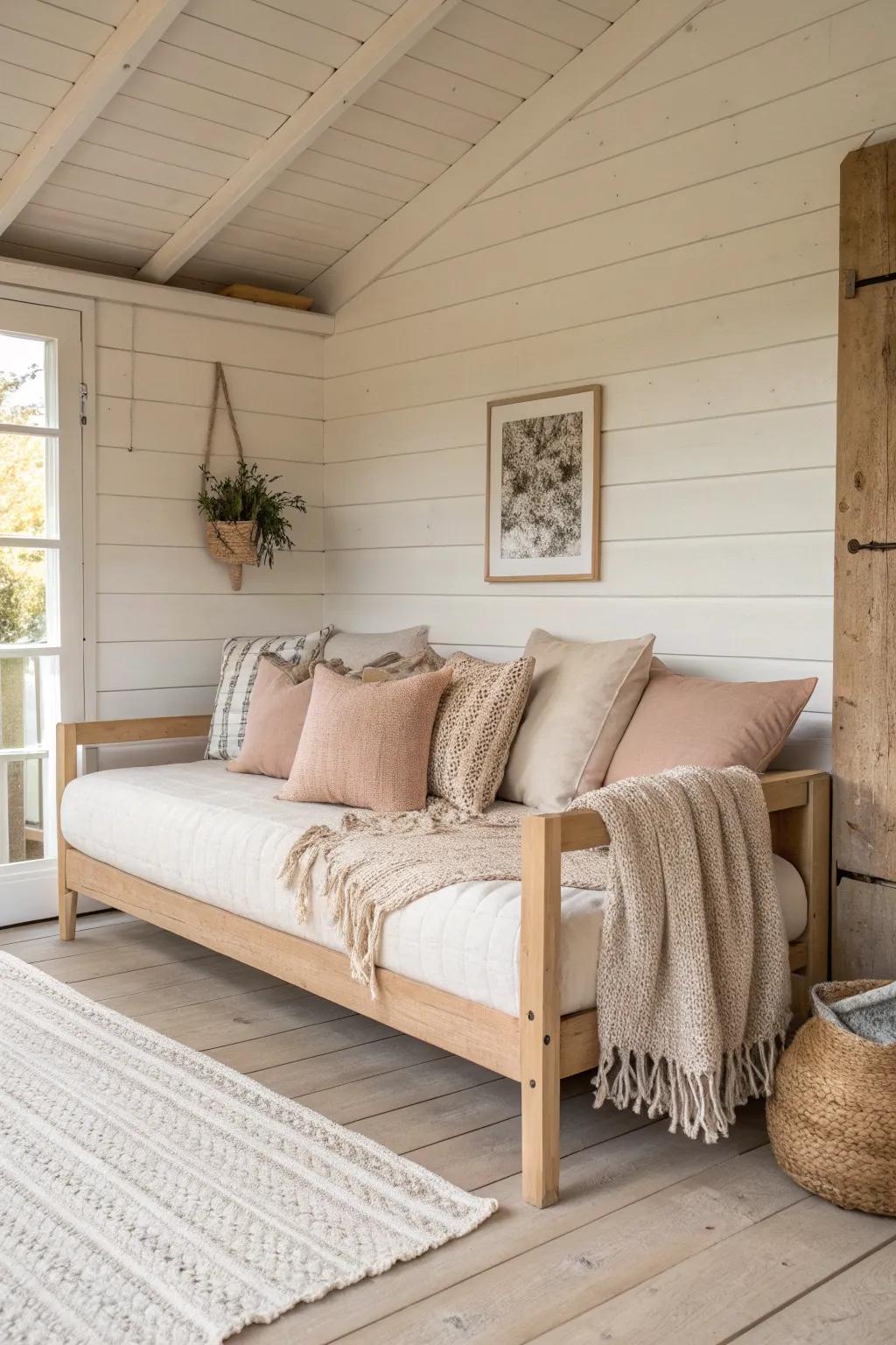 A daybed that works as your sofa—Scandi calm with a soft boho touch, perfect for tiny cabins.