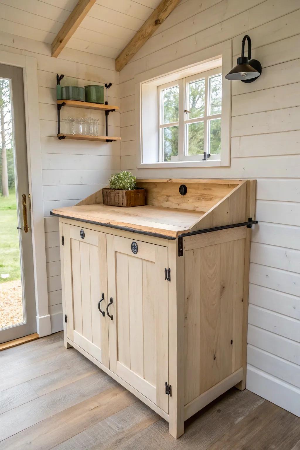 A fold-down prep counter adds instant workspace to a tiny shed kitchen—then disappears.