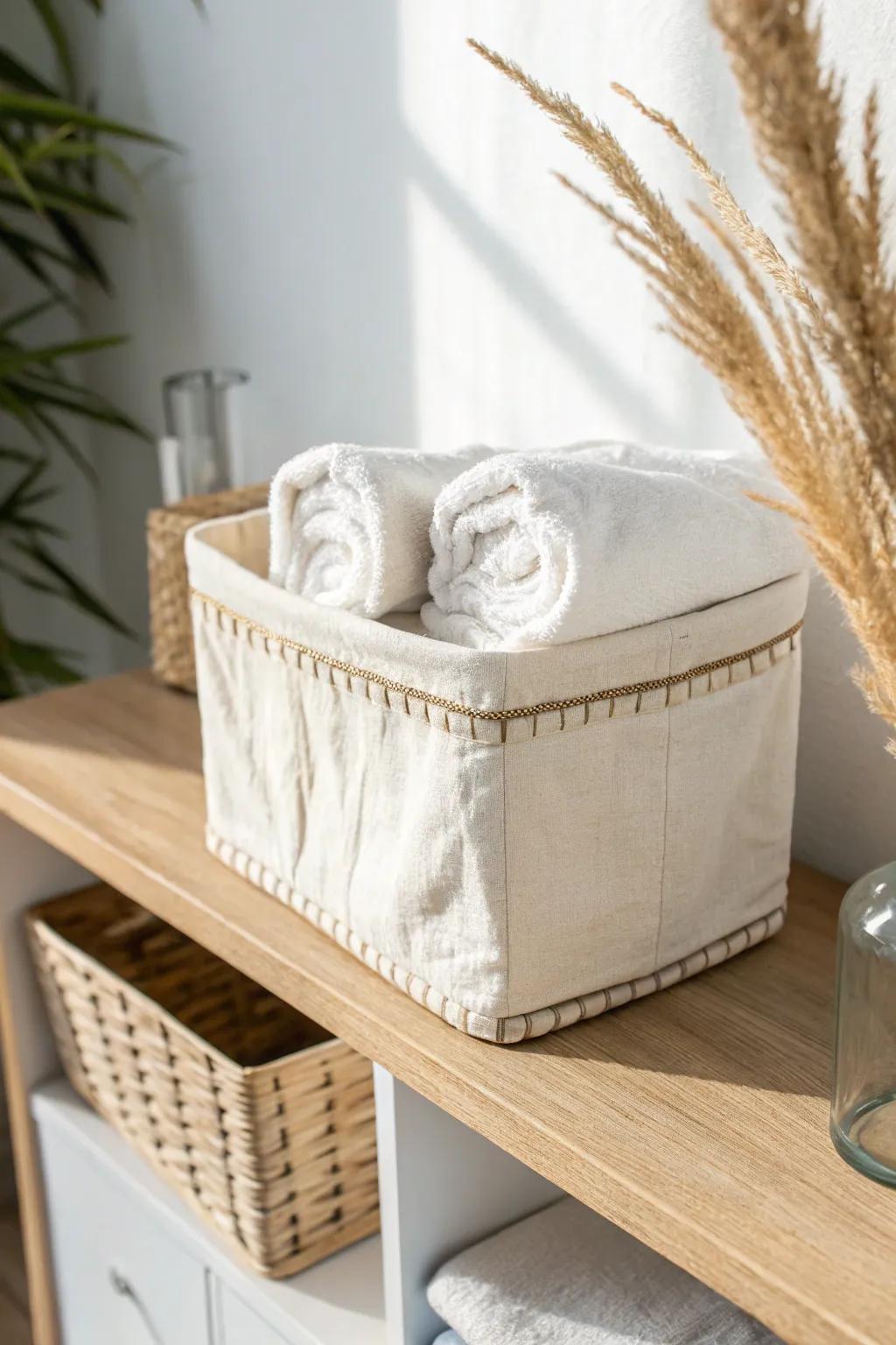 A linen fabric cube turns open shelving into soft, tidy sheet storage that looks like decor.