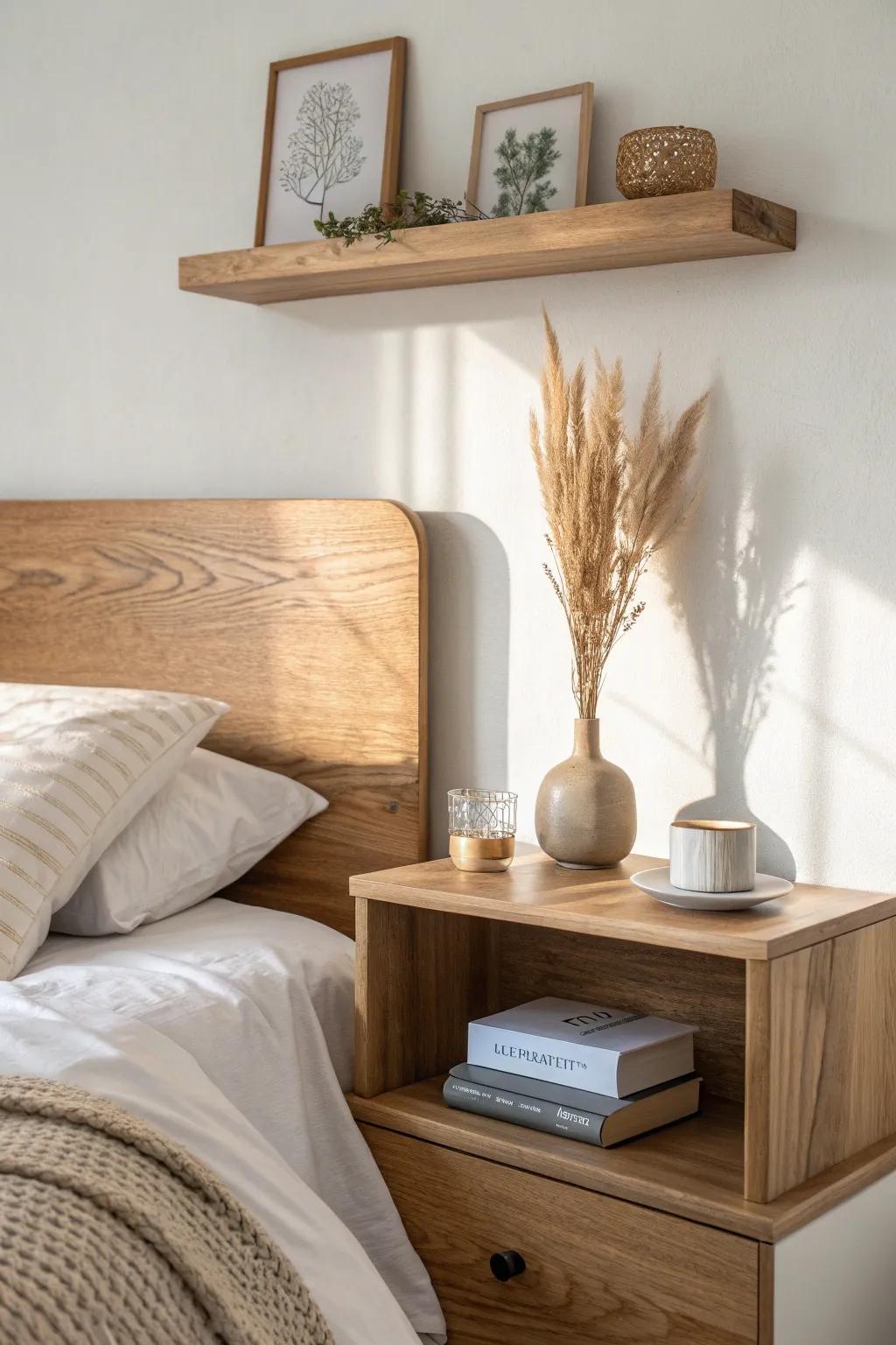 A matching wood-tone shelf above the bed instantly makes a small room feel calm and polished.