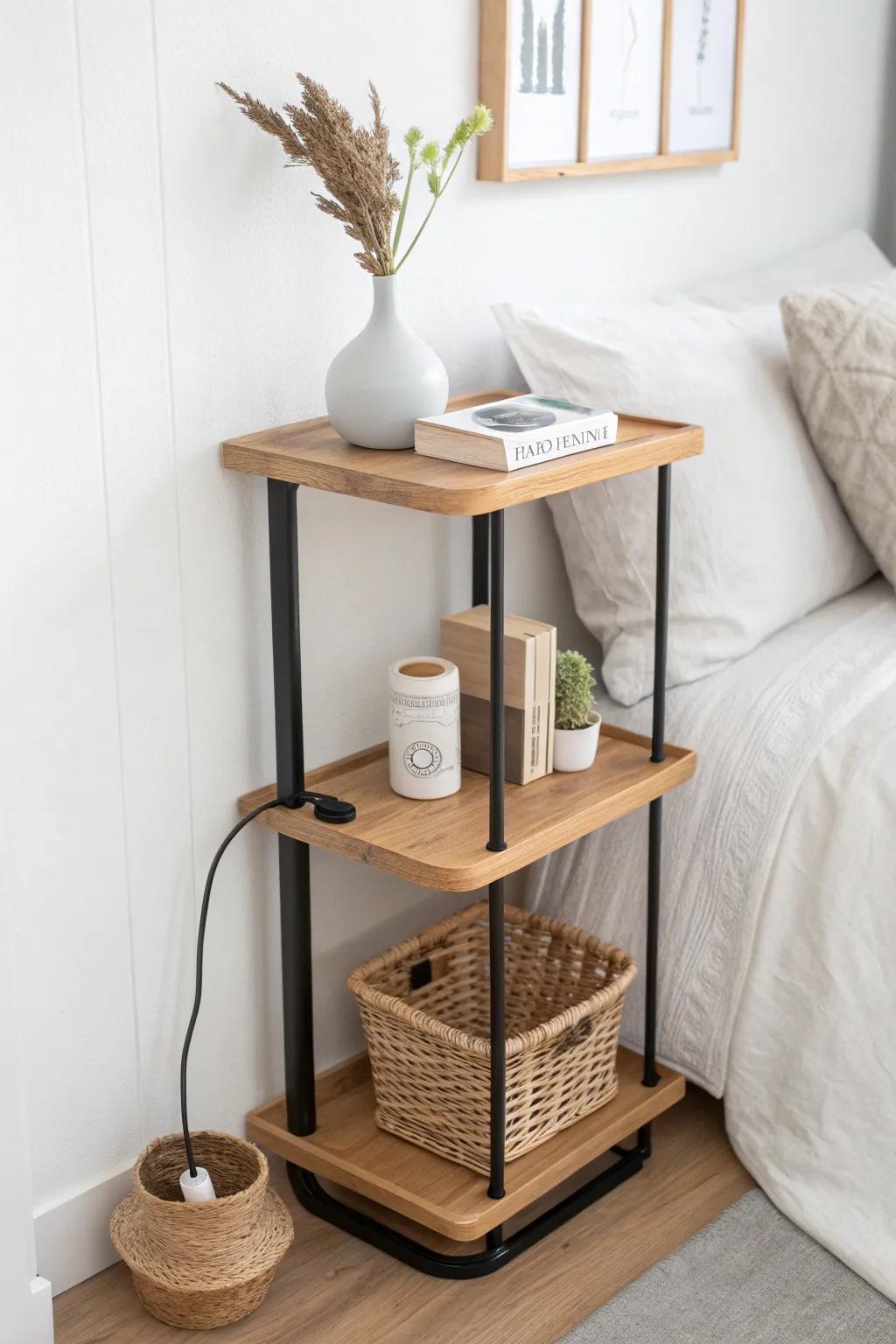 Two-tier bedside shelf: pretty styling up top, hidden charging essentials neatly tucked below.