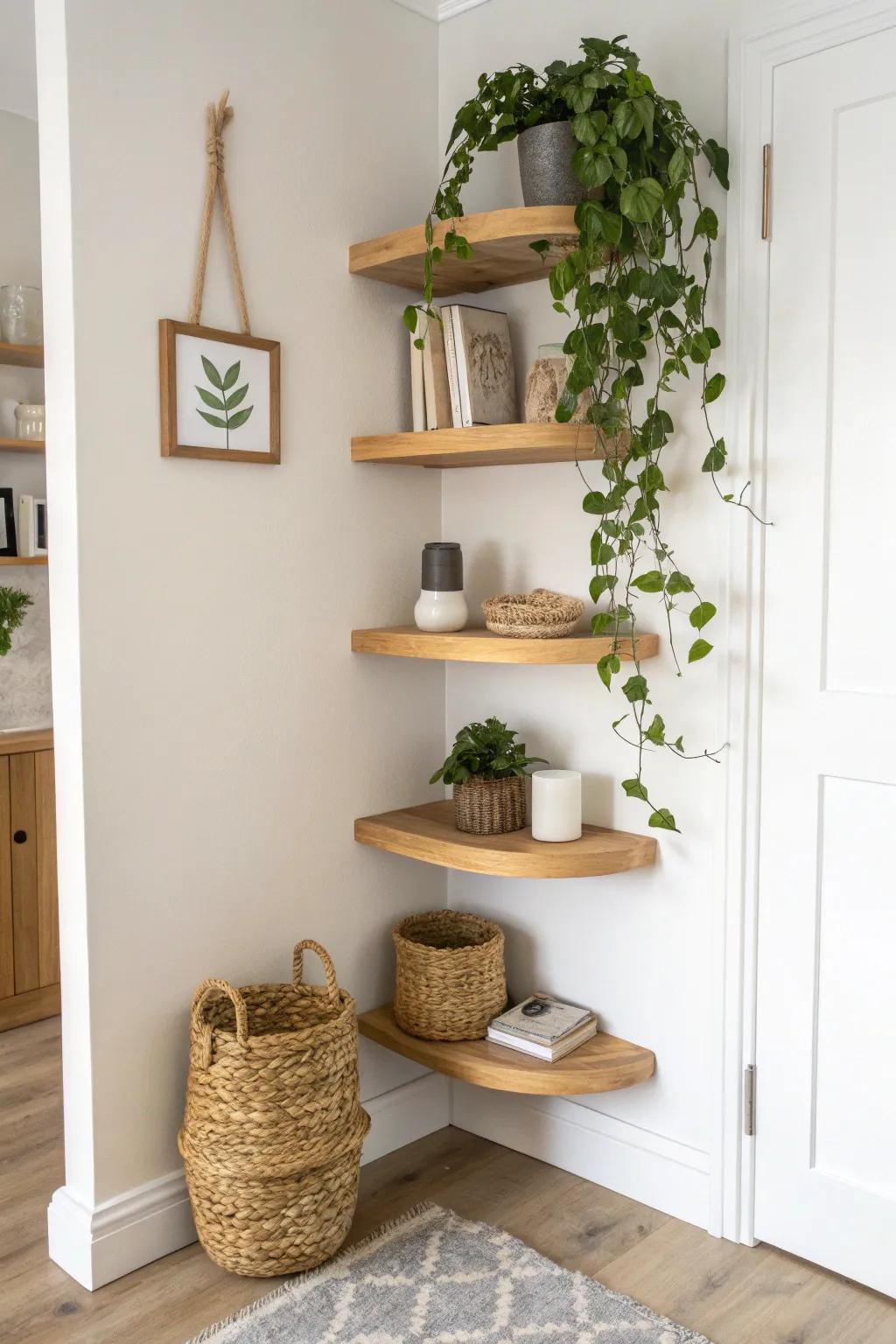Float your style into the corner: airy oak shelves with a trailing plant + woven basket.