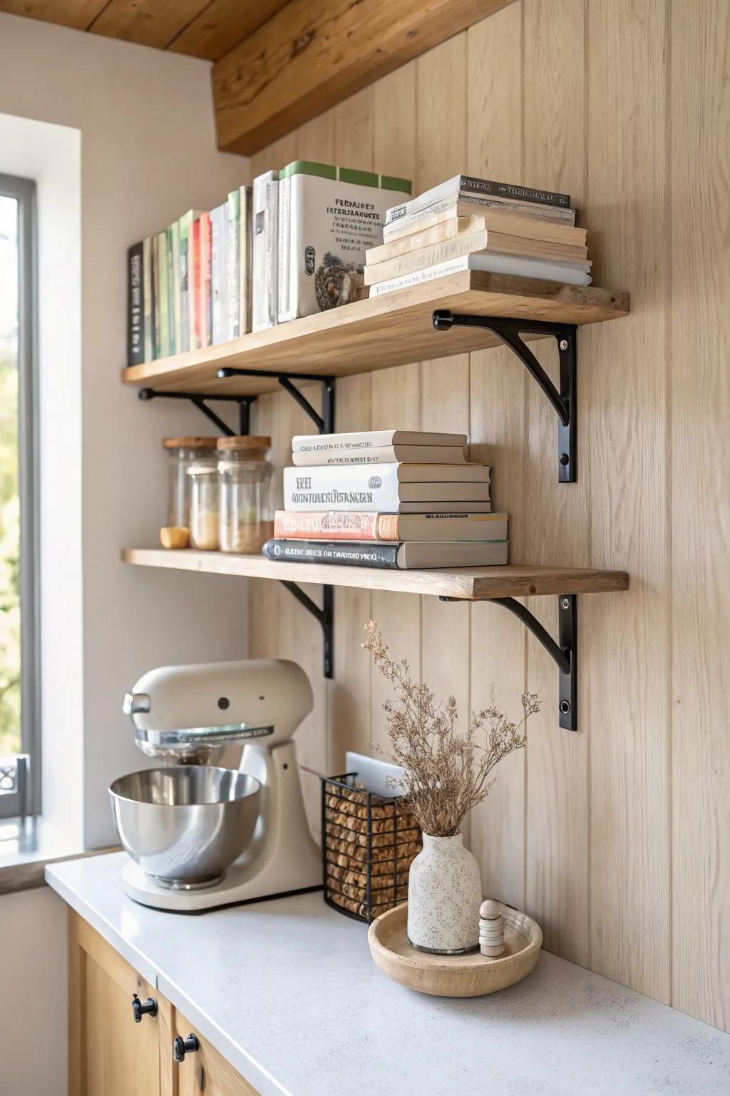 Heavy-duty bracket shelves that stay chic—perfect for cookbooks and countertop appliances.