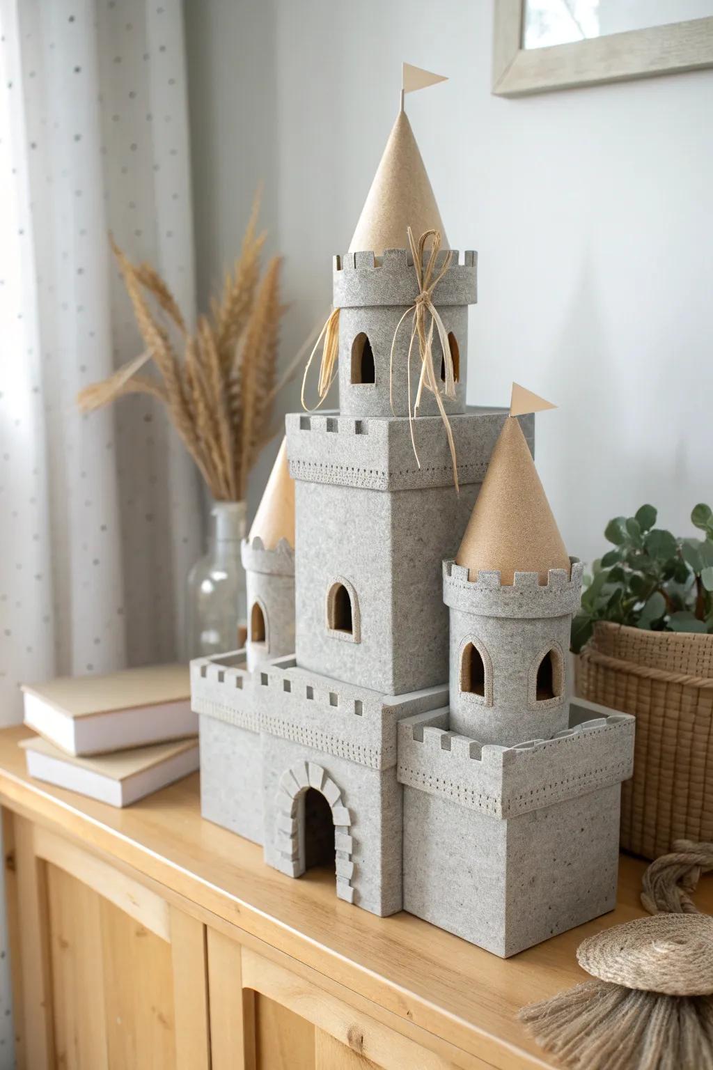A storybook shoebox castle with tube turrets—minimal, cozy, and shelf-worthy decor.