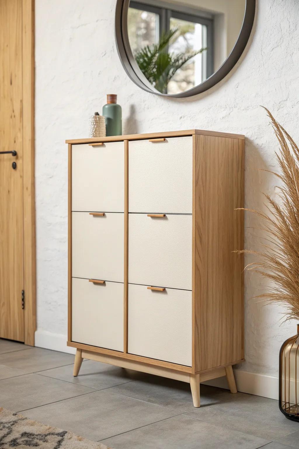 Double-row shoe cabinet keeps couples’ pairs separate—sleek, calm entryway organization.