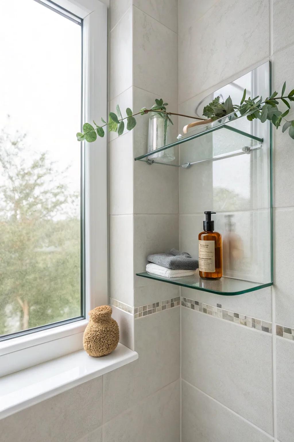 A clear glass corner shelf makes even the smallest shower feel brighter and bigger.