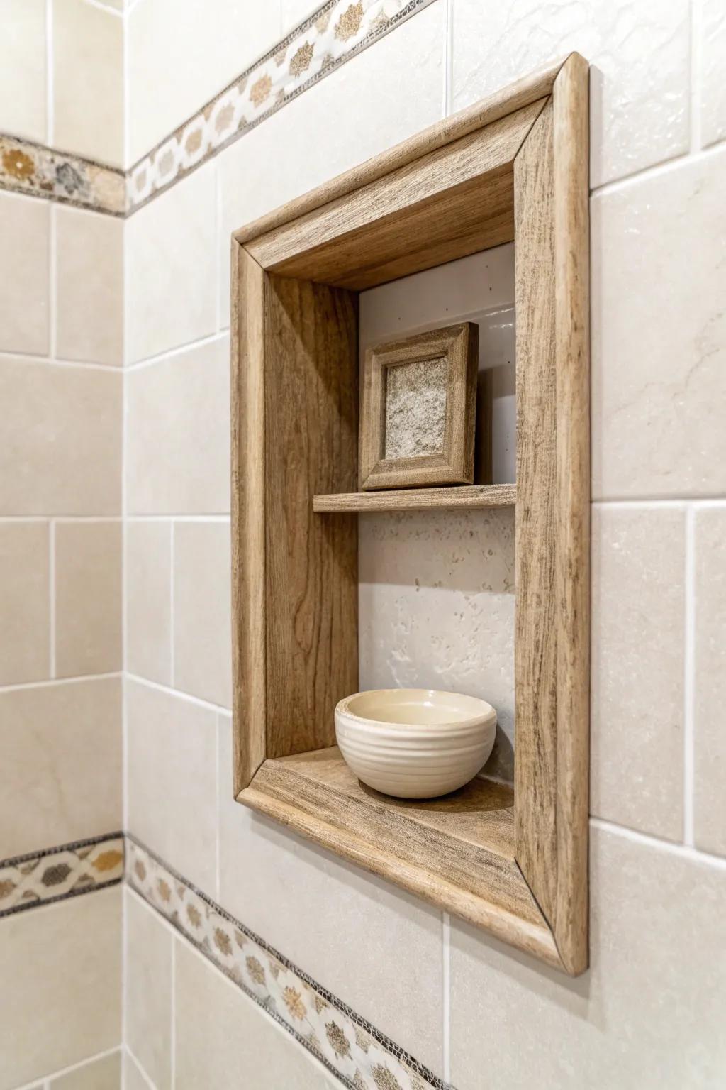 Picture-frame trim turns a shower niche into a polished, architectural focal point.