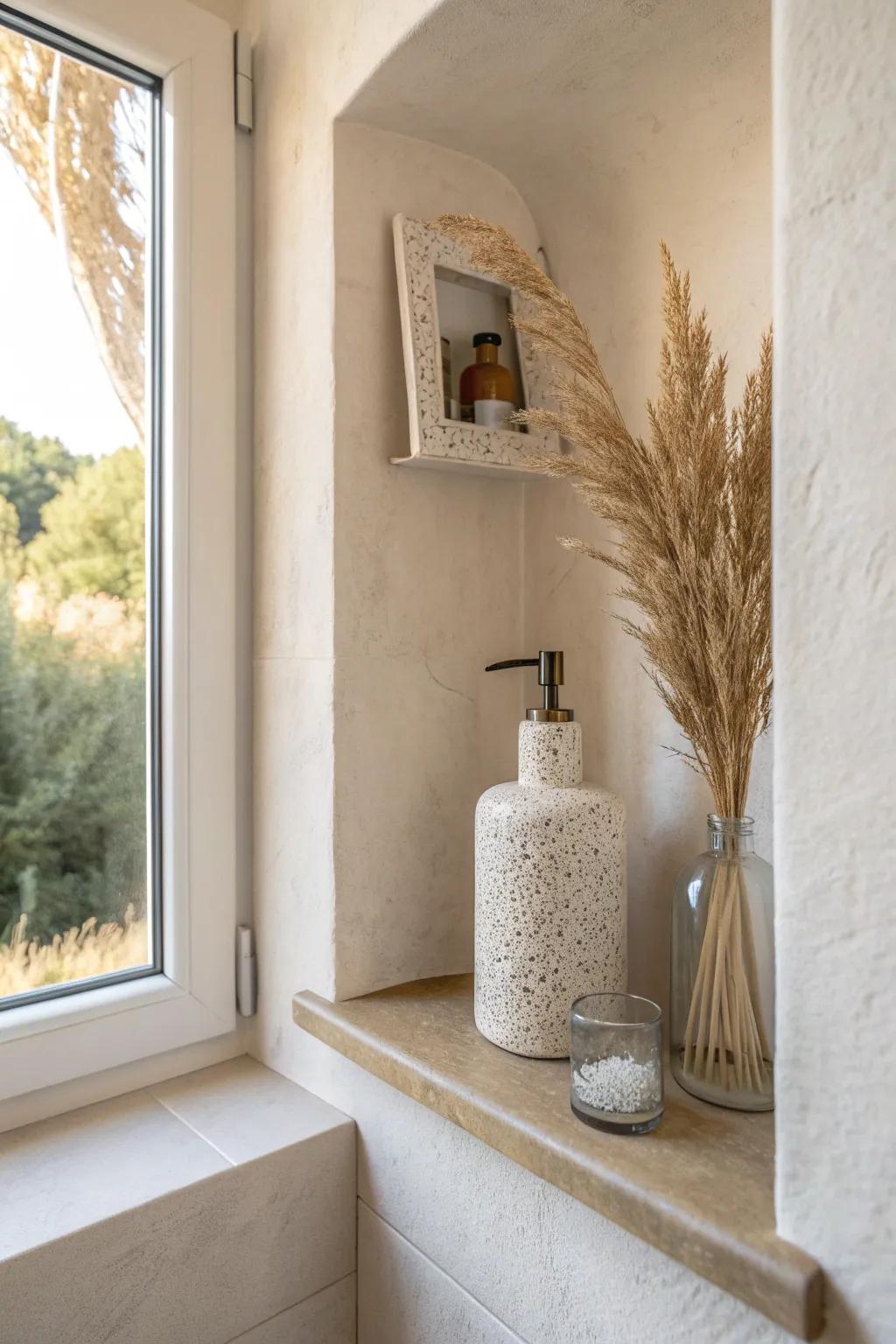 A built-in shower niche keeps bottles tidy—beautiful, space-saving storage with calm spa vibes.