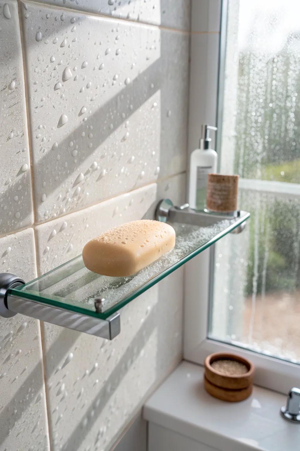 A barely-there glass shelf that keeps shower storage airy, bright, and beautifully minimal.
