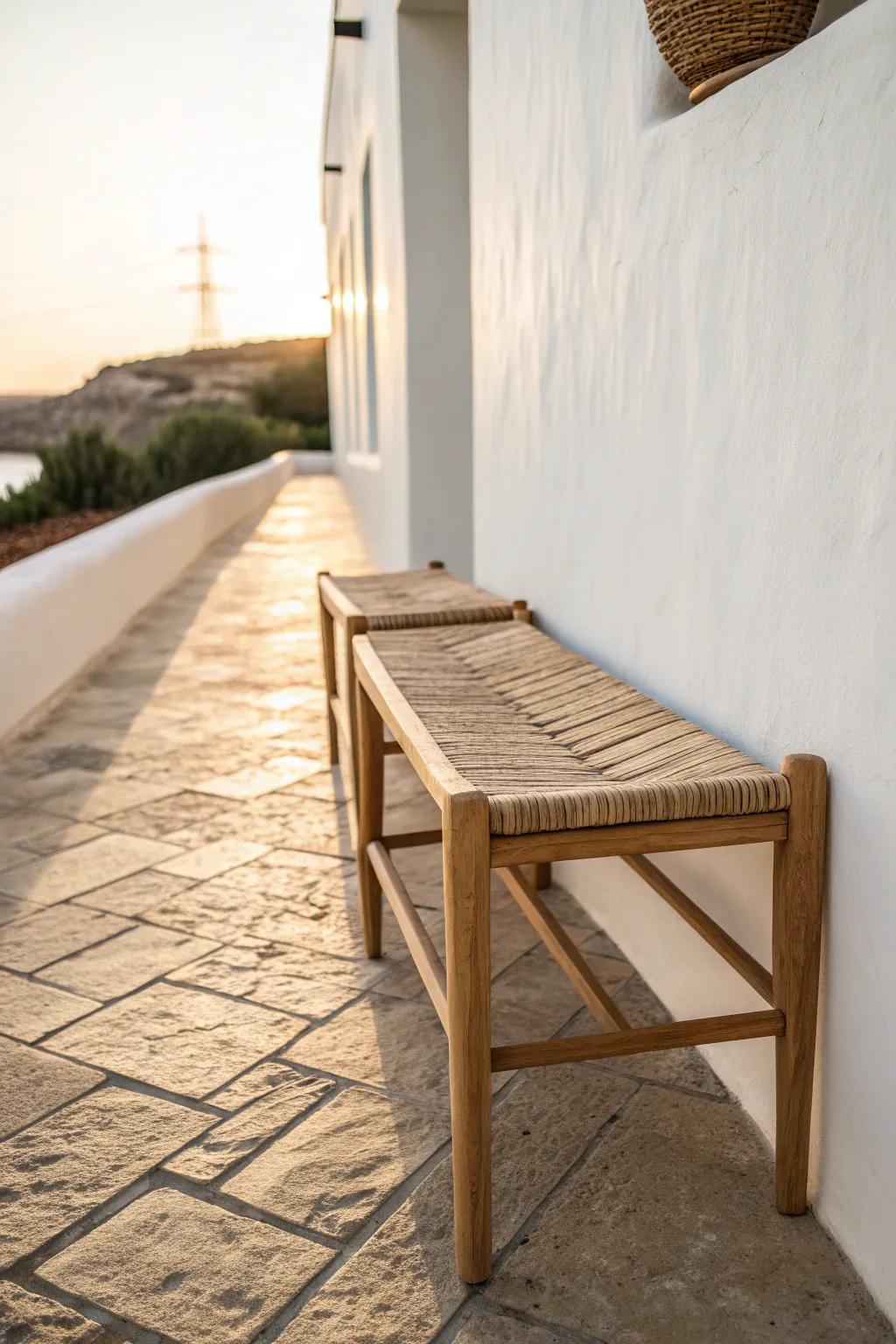 A slim wall-hugging bench adds cozy seating without stealing precious walkway space.