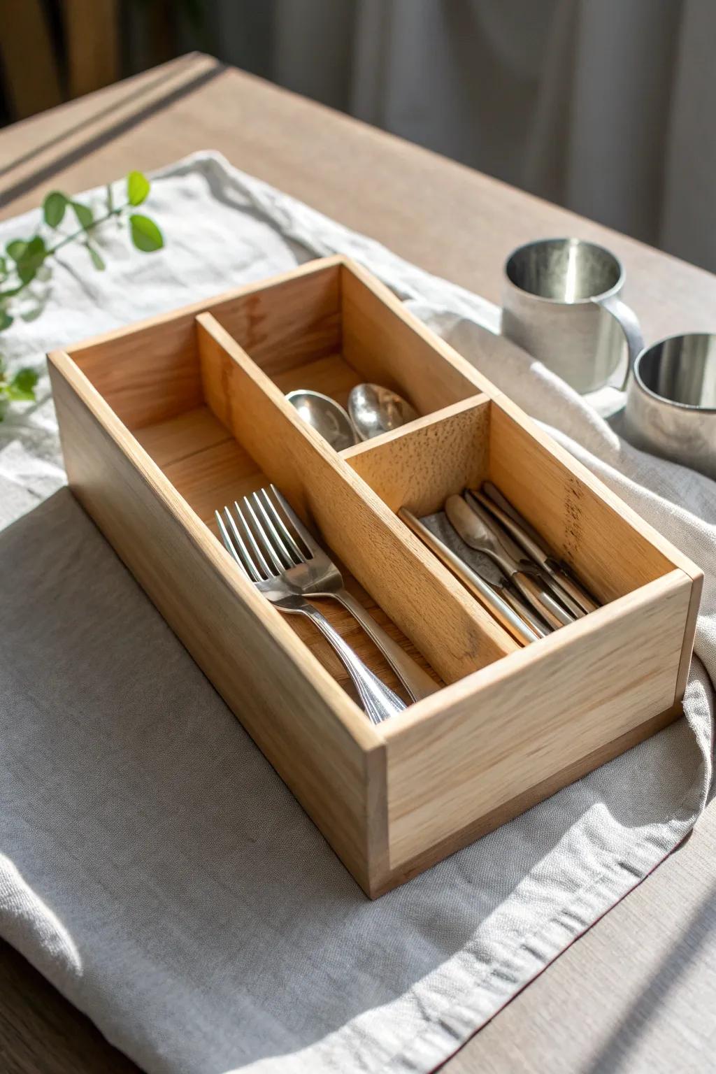 Slim side-by-side bins create flexible silverware “parking spots” for tight drawers.