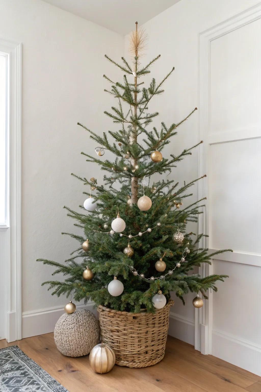 Slim tree, big handcrafted ornaments—airy spacing for a stylish, uncluttered holiday look.