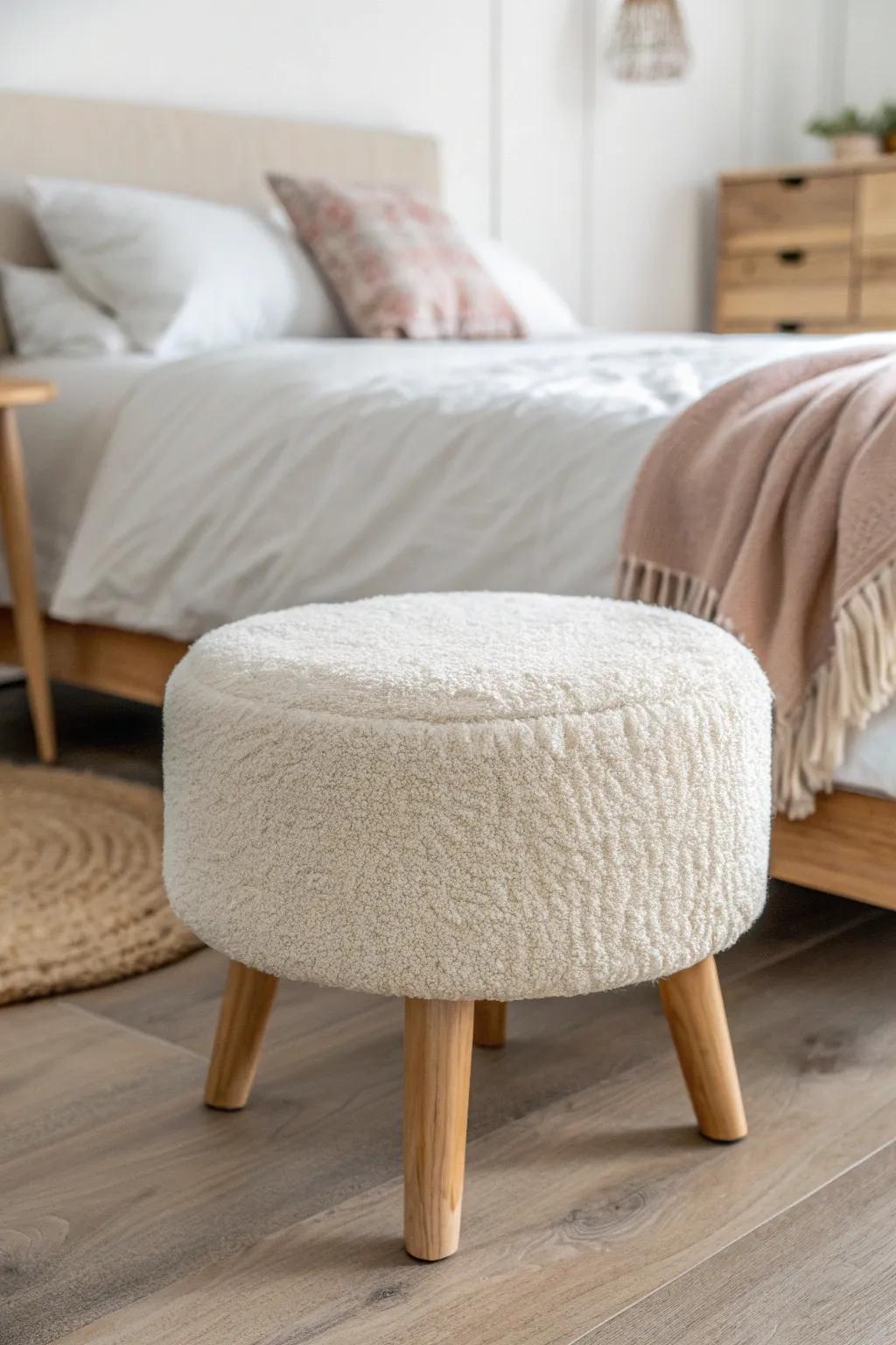 A cozy boucle ottoman at the bed’s foot turns a dorm corner into a mini living room.