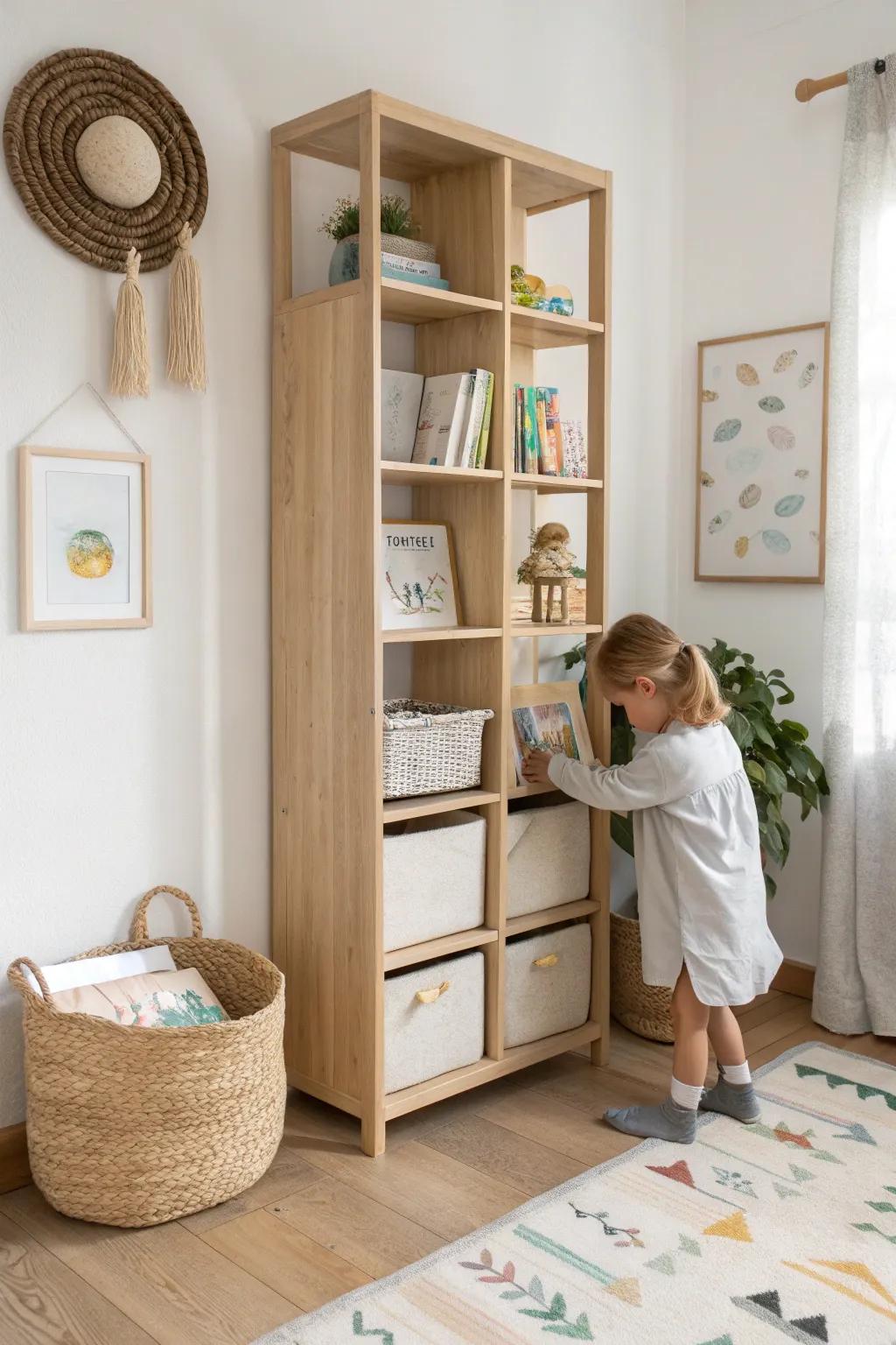 A tall bookcase divider creates two cozy zones—calm storage for you, books for your toddler.