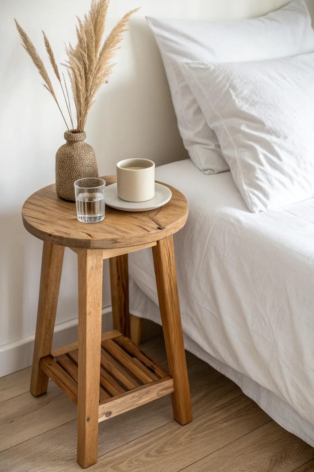 A simple wooden stool doubles as a chic side table—flexible, airy, and perfect by a twin bed.