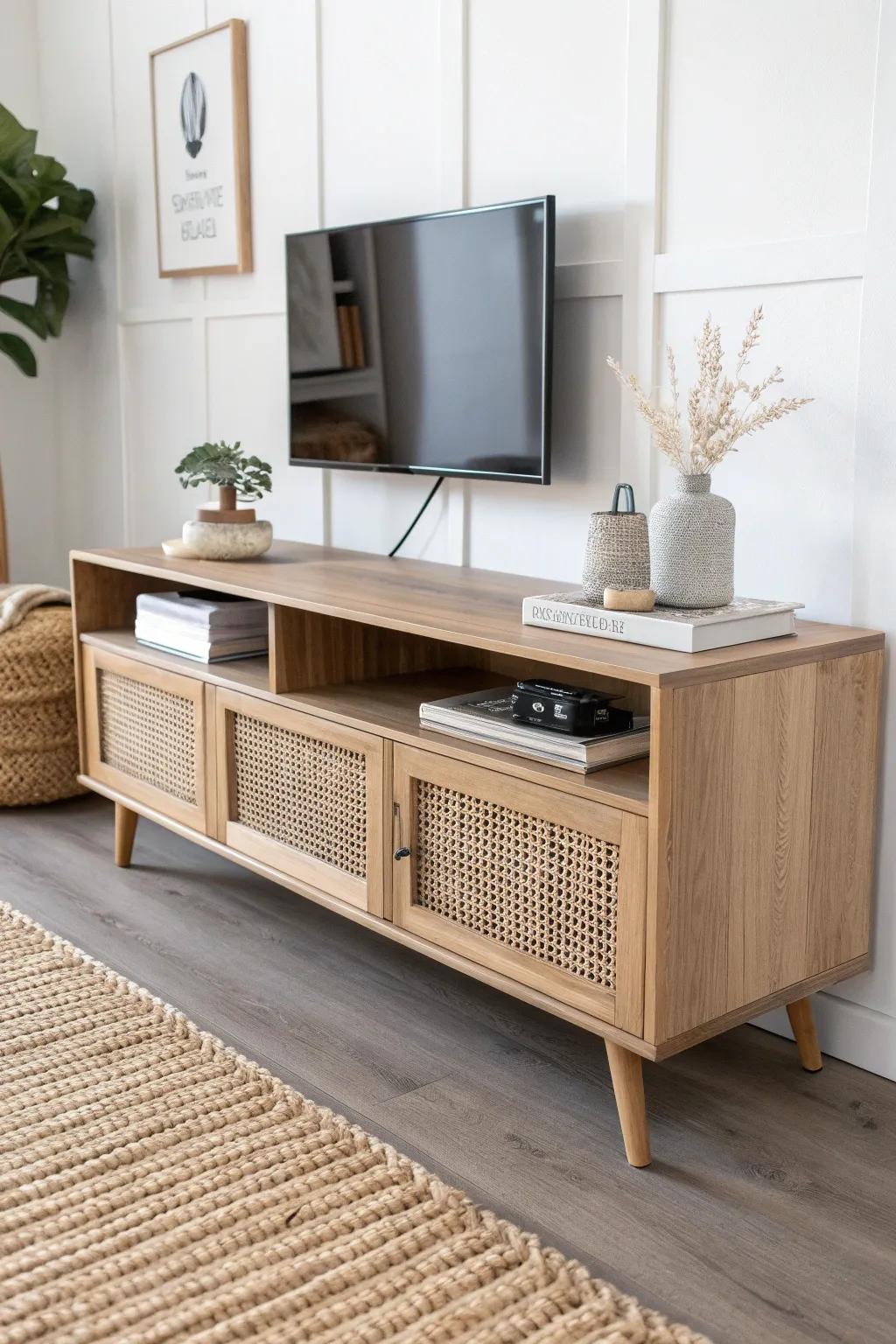 A slim media console keeps your single-wide living room open, airy, and easy to walk through.