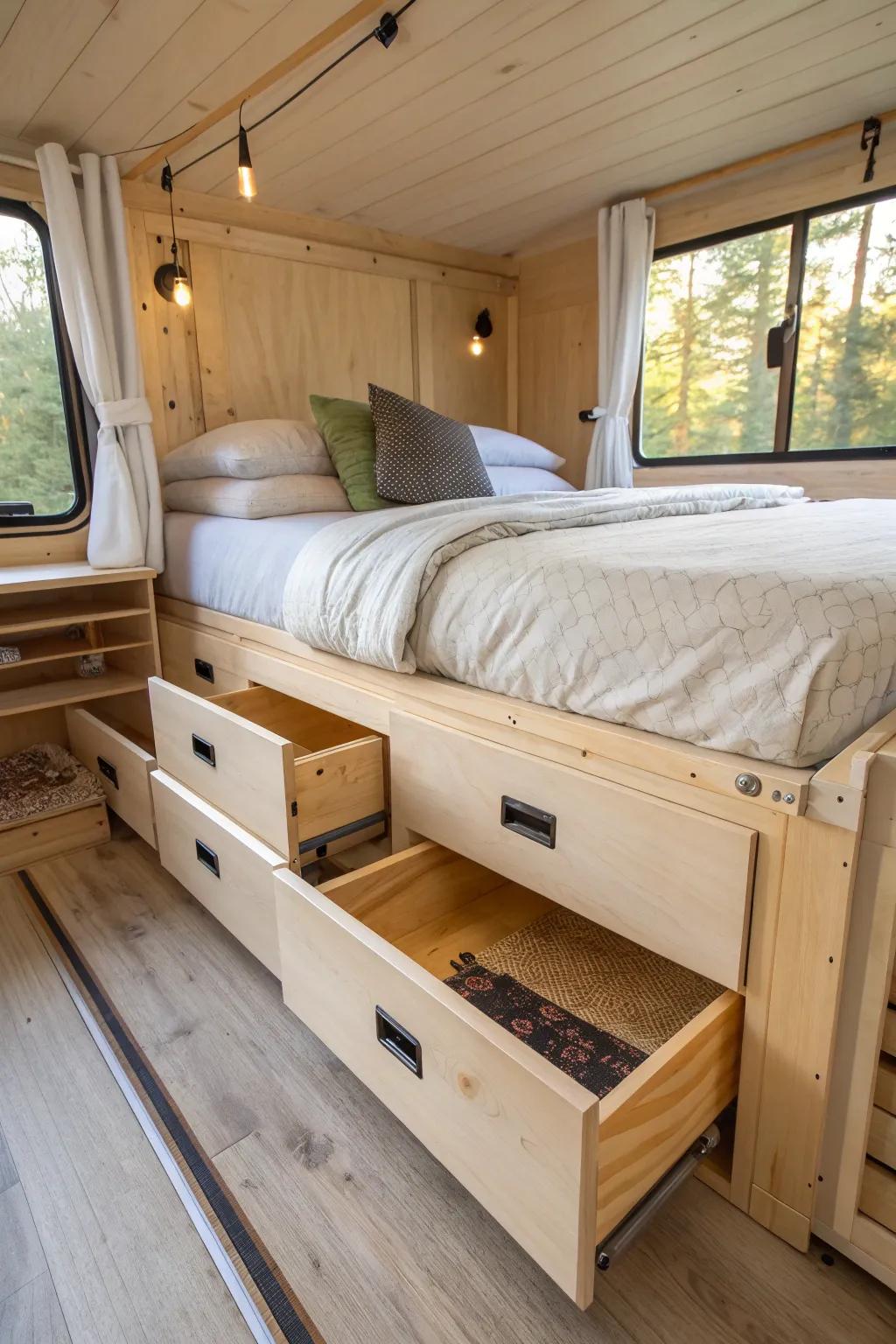 Raised skoolie bed platform with pull-out drawers—hidden storage without the visual clutter.
