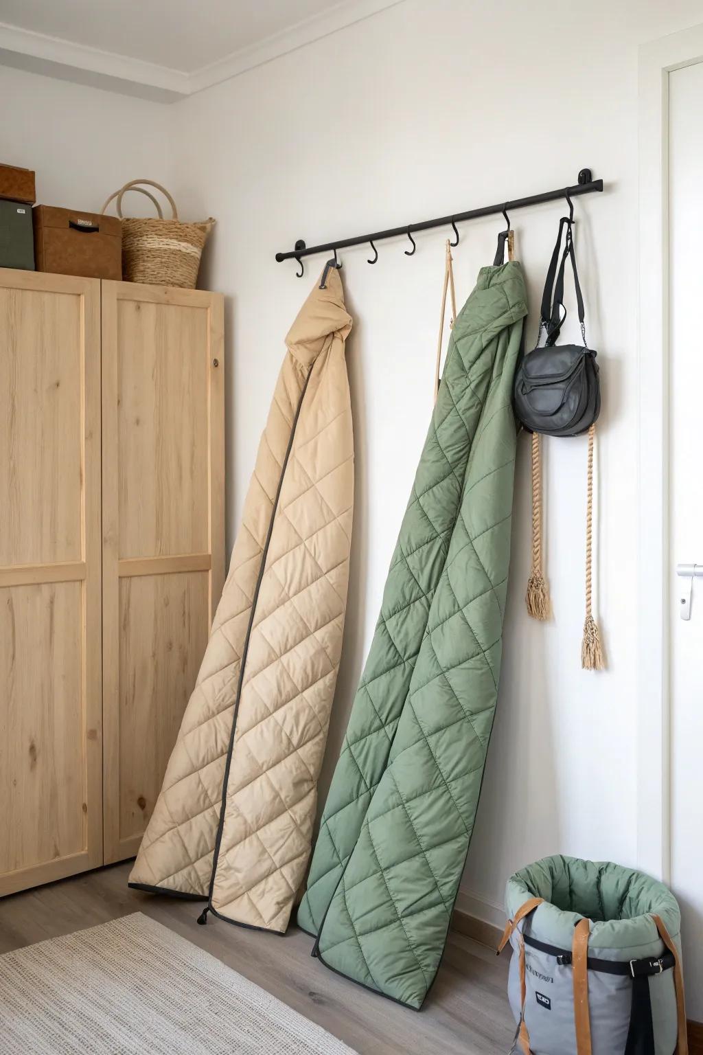 Two sleeping bags, one closet rod—staggered on slim hangers for a calm, tidy gear nook.