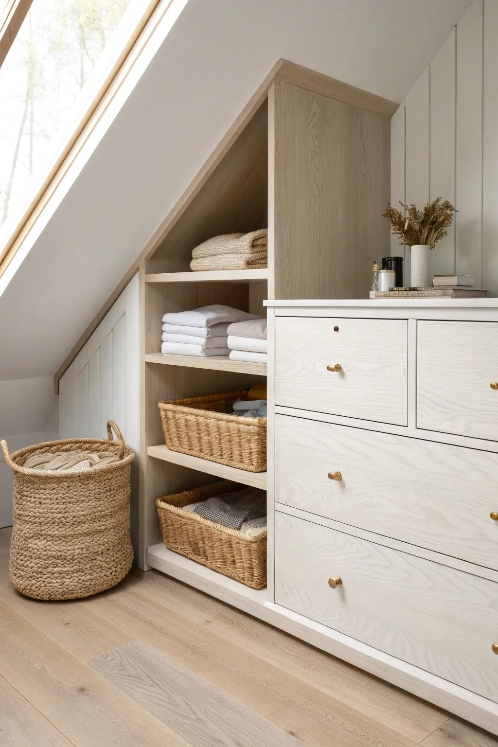 A sleek knee-wall cabinet with a deep drawer—perfect for hiding clutter under sloped ceilings.