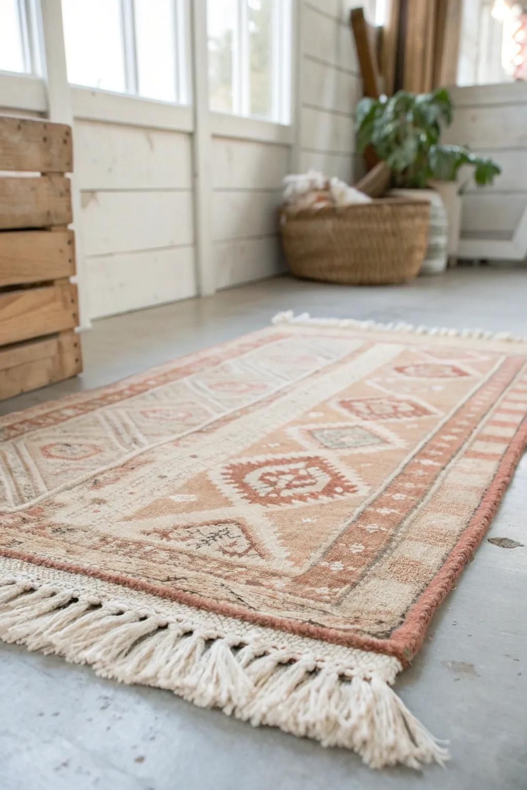 Layered vintage rugs warm a tiny booth and neatly frame your treasures with soft, boho texture.