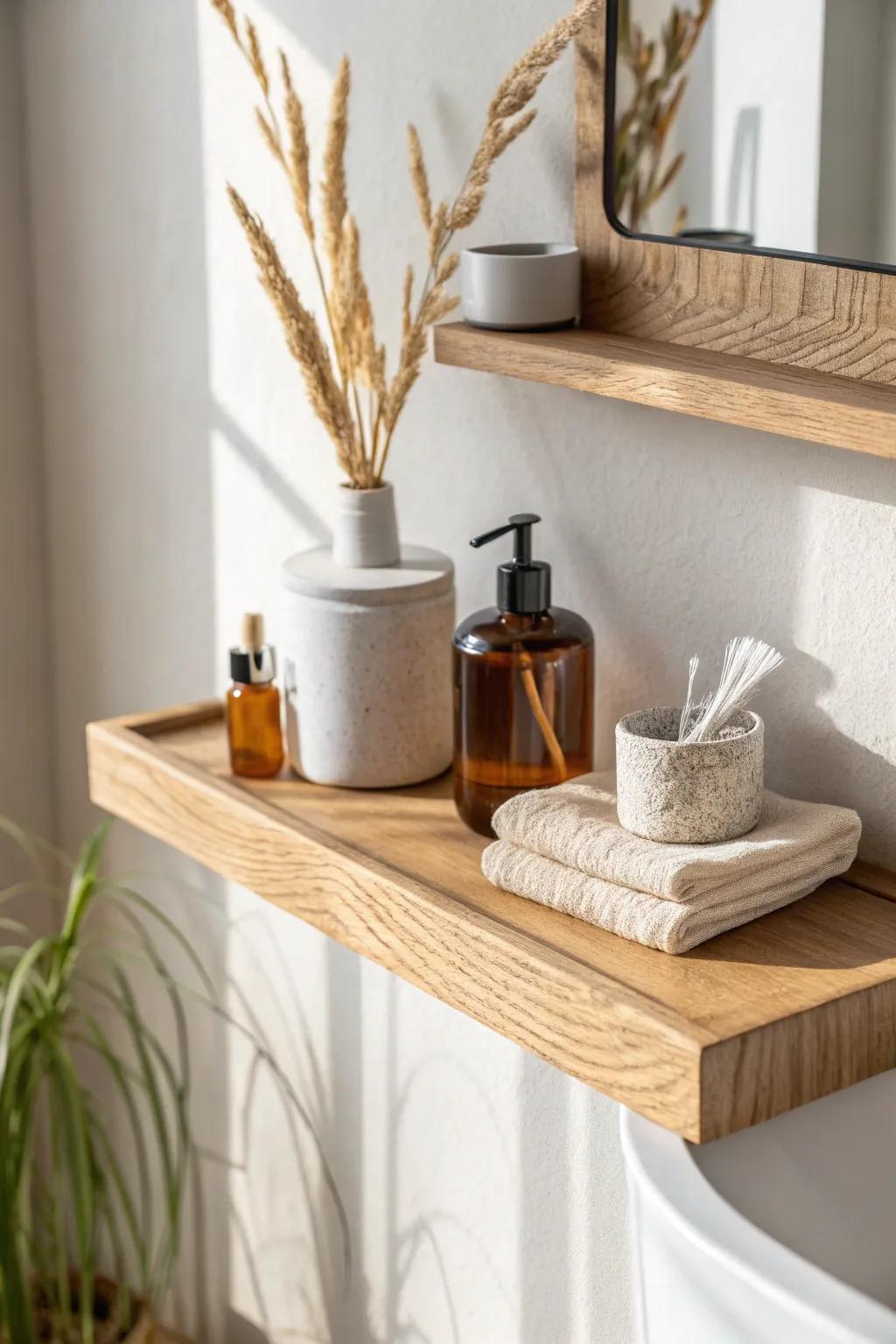 Slim, shallow shelves keep a tiny bathroom open—everything you need, none of the bulk.