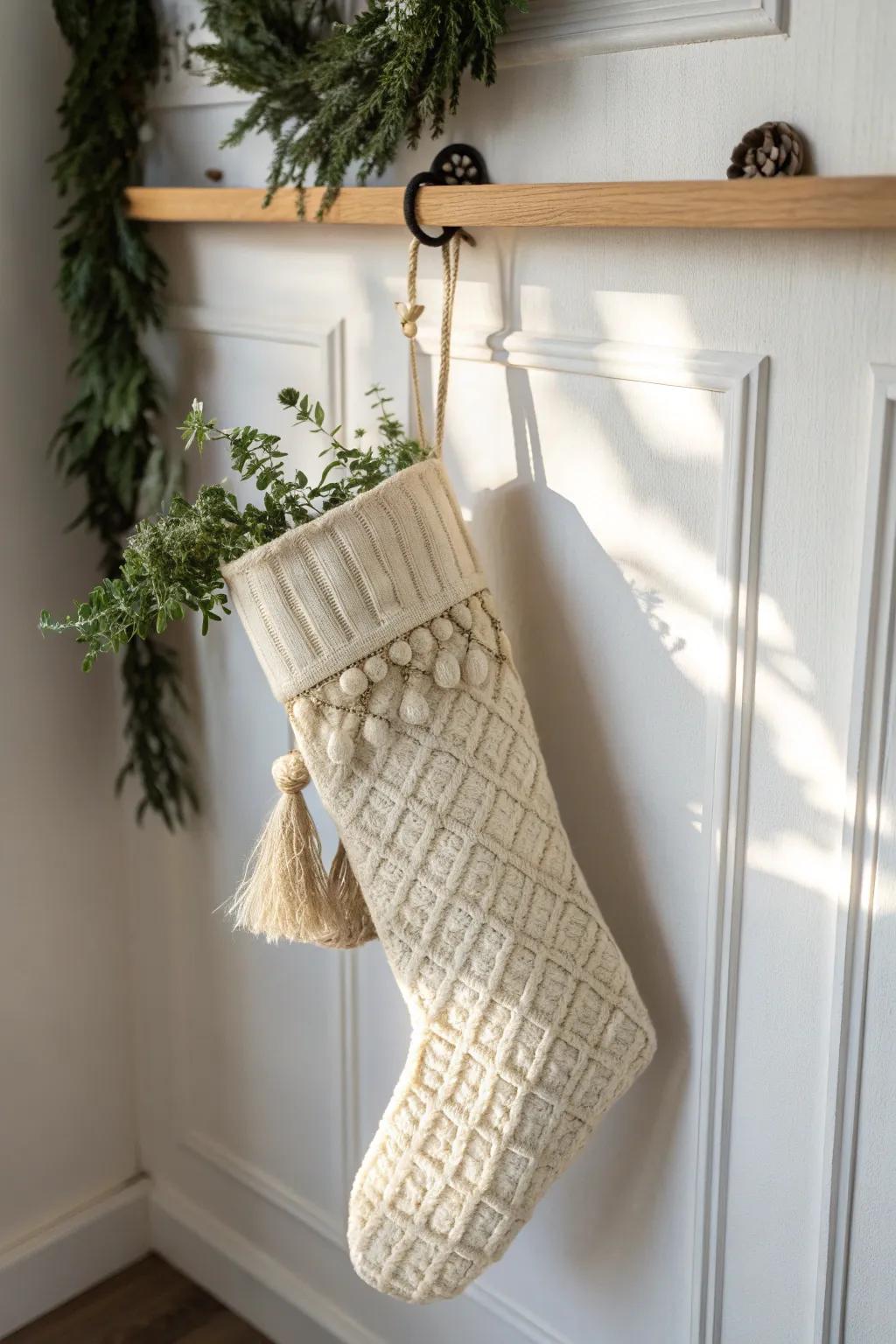 No fireplace needed—hang a cozy linen stocking on a removable hook for instant holiday charm.