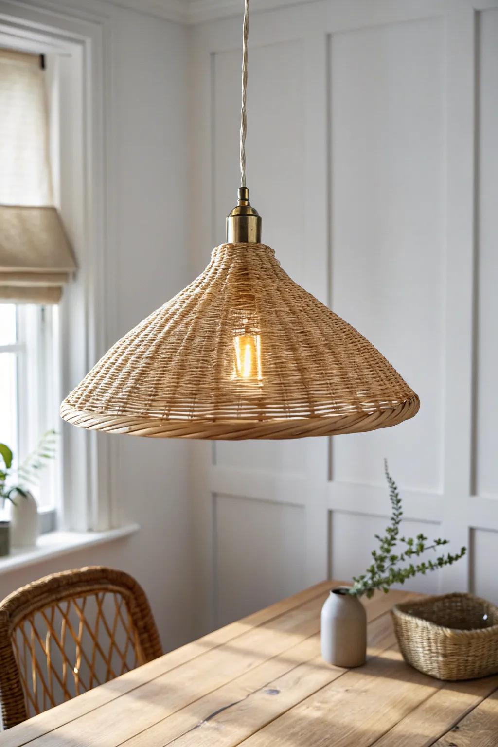 No rewiring needed: a plug-in pendant on a swag hook defines a cozy dining zone in minutes.