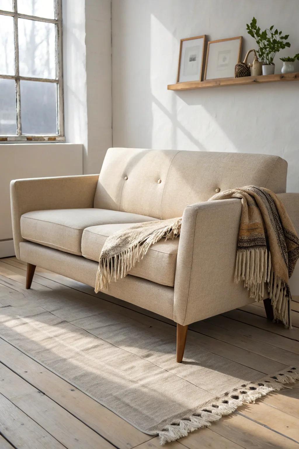 Slim loveseat with visible legs—more floor showing makes a small living room feel instantly bigger.