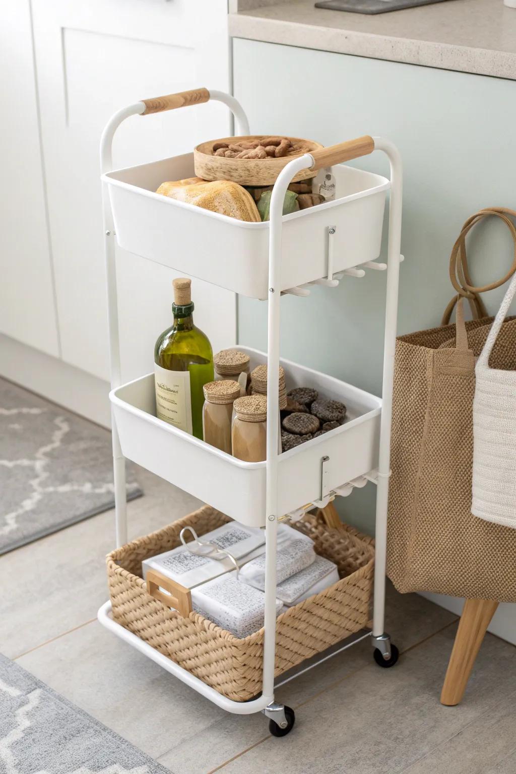 A slim rolling cart turns that fridge-side gap into a chic mini pantry for small kitchens.
