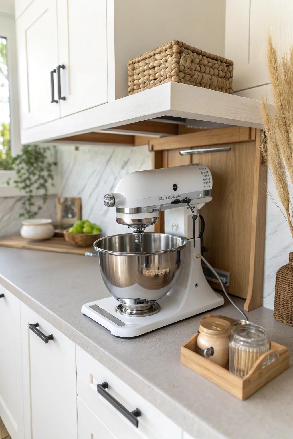 A lift shelf brings your heavy stand mixer up effortlessly—no lifting, no clutter.