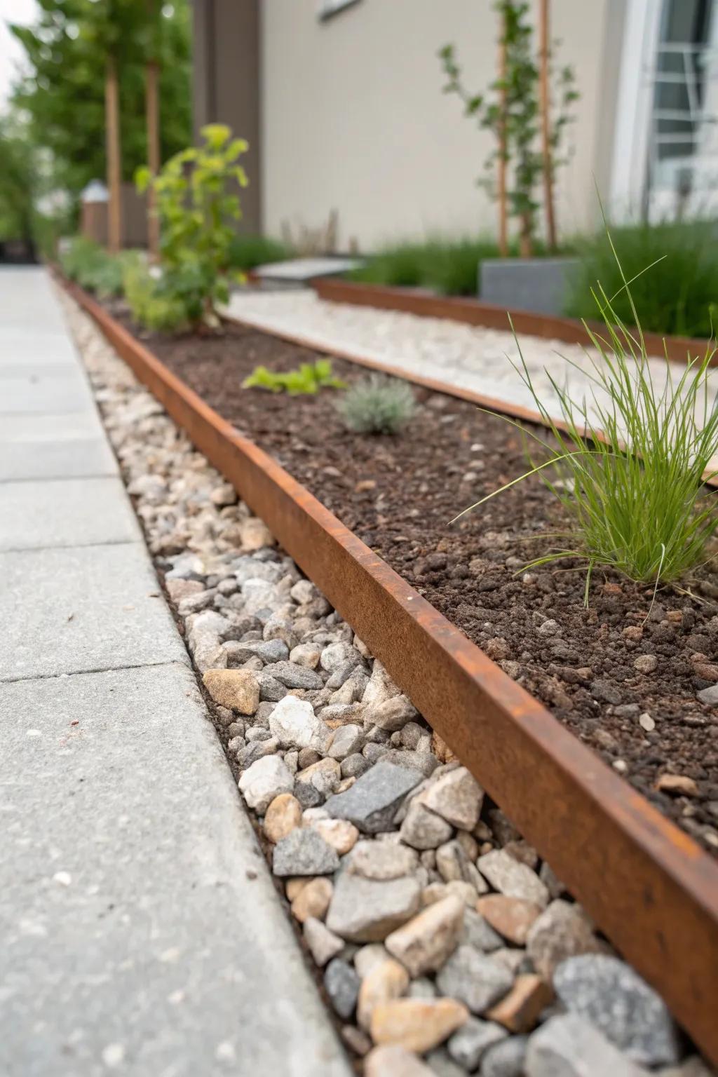 A slim metal edging strip creates a sharp border—instantly polishing gravel and mulch in small spaces.