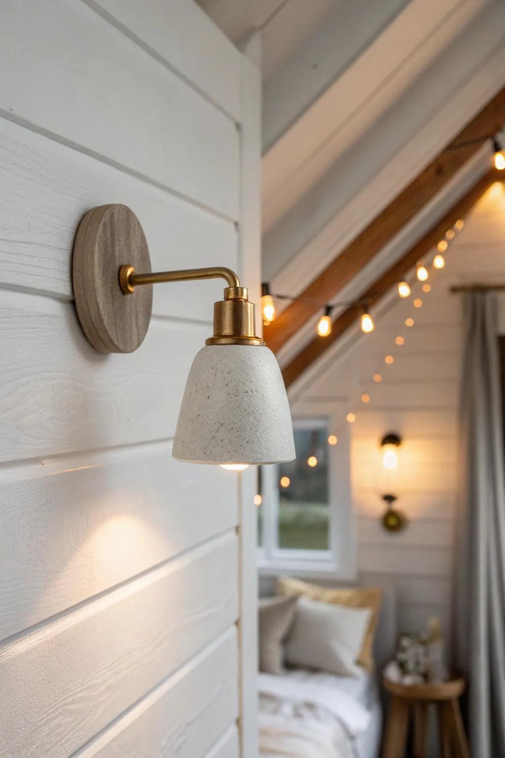 Layered warm lighting: a sleek wall sconce with softly blurred string lights for attic coziness.