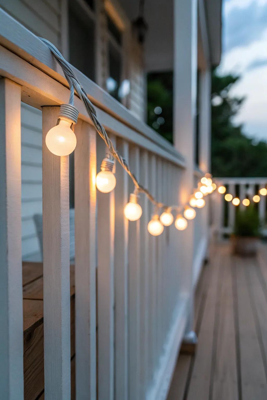 Warm globe string lights along the railing instantly make a tiny back porch feel taller and cozy.