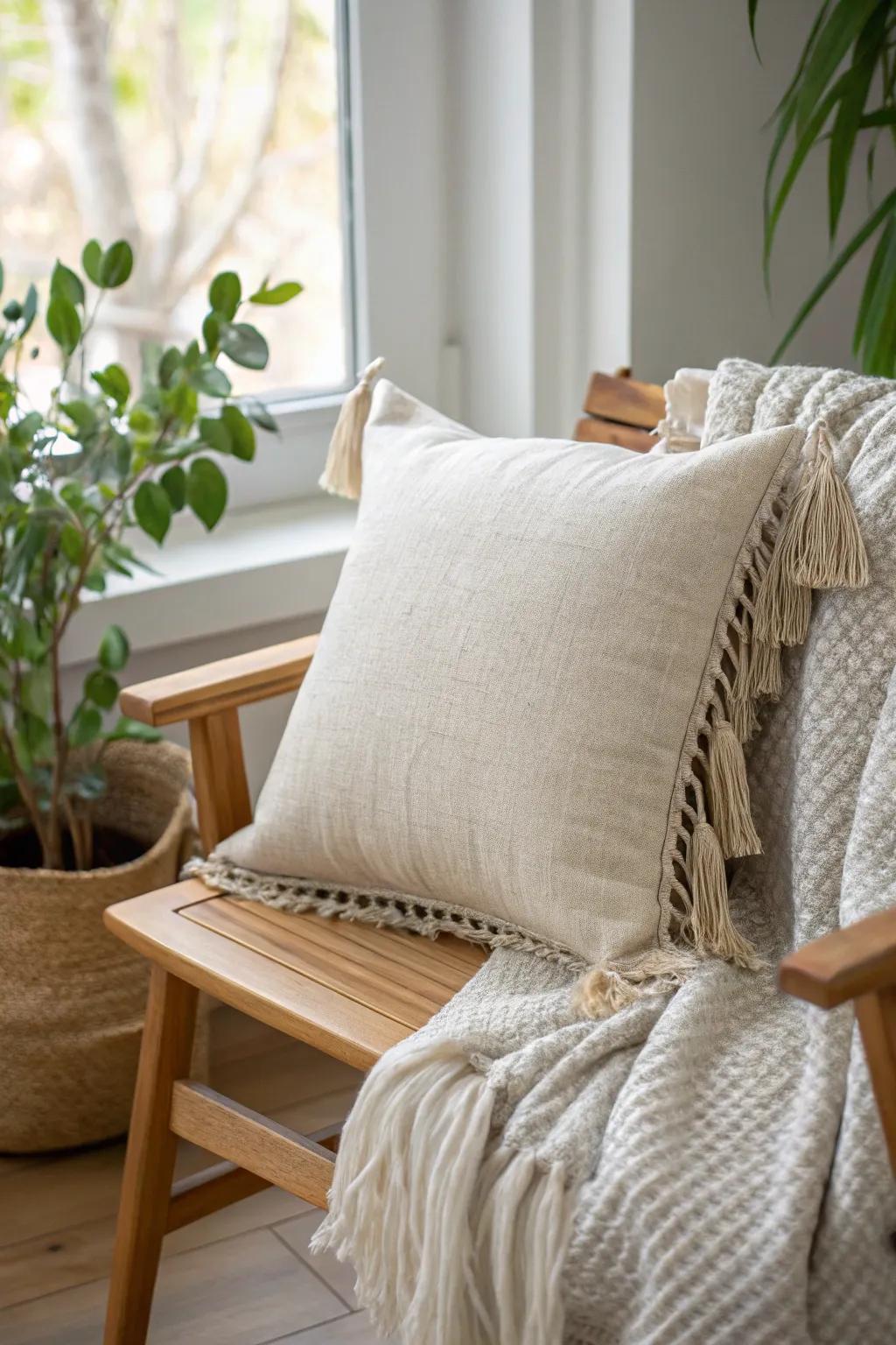 Budget balcony glow-up: layer a linen pillow with a cozy blanket for instant charm.