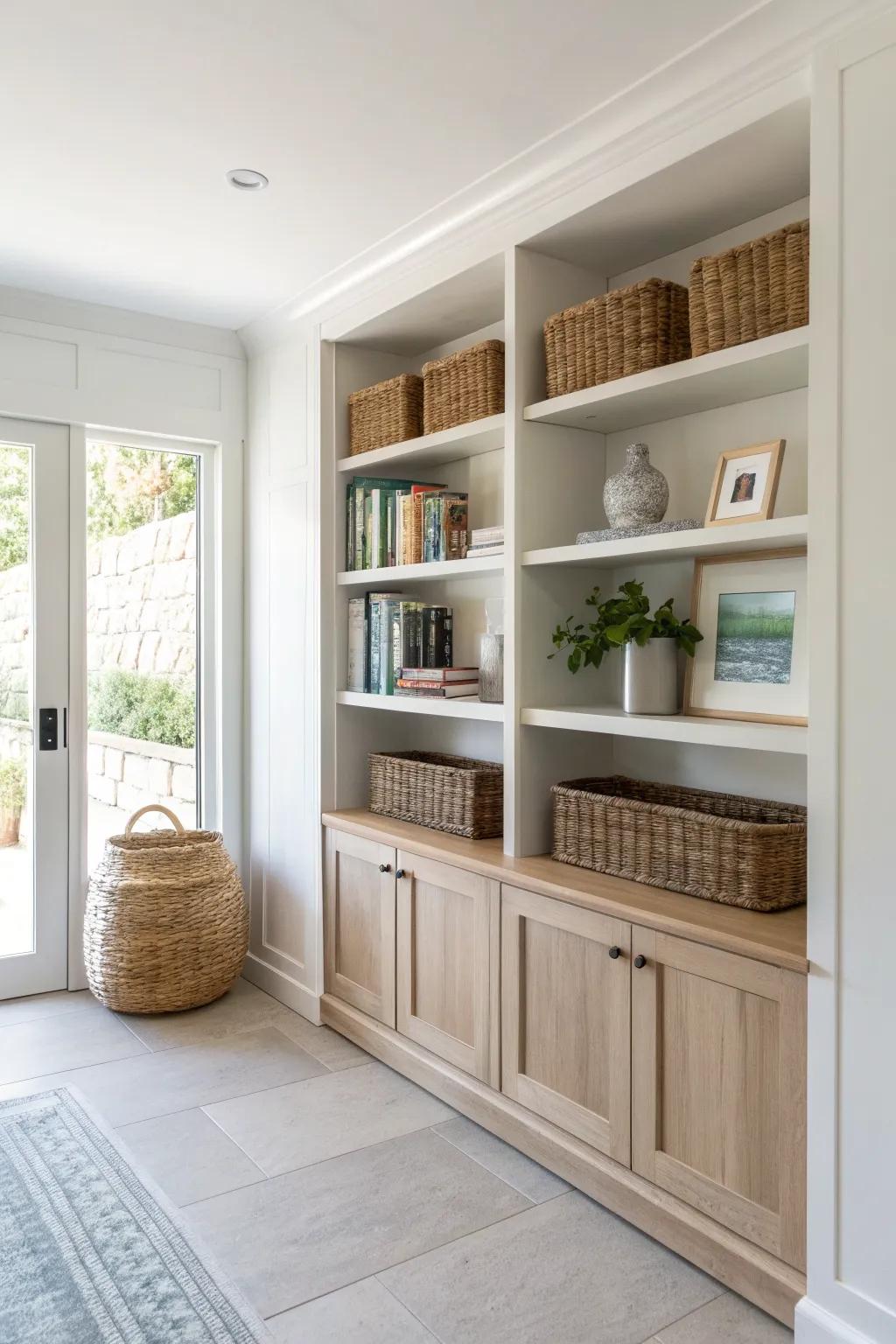 Shallow built-in shelves keep a tiny basement airy—storage without stealing floor space.