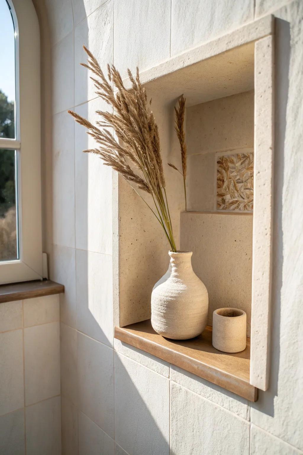 Built-in recessed niche shelves add storage without stealing an inch of floor space.