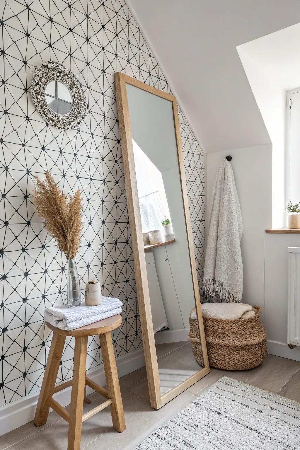 Crisp black-and-white wallpaper turns a tiny windowless bathroom into a bold focal point.